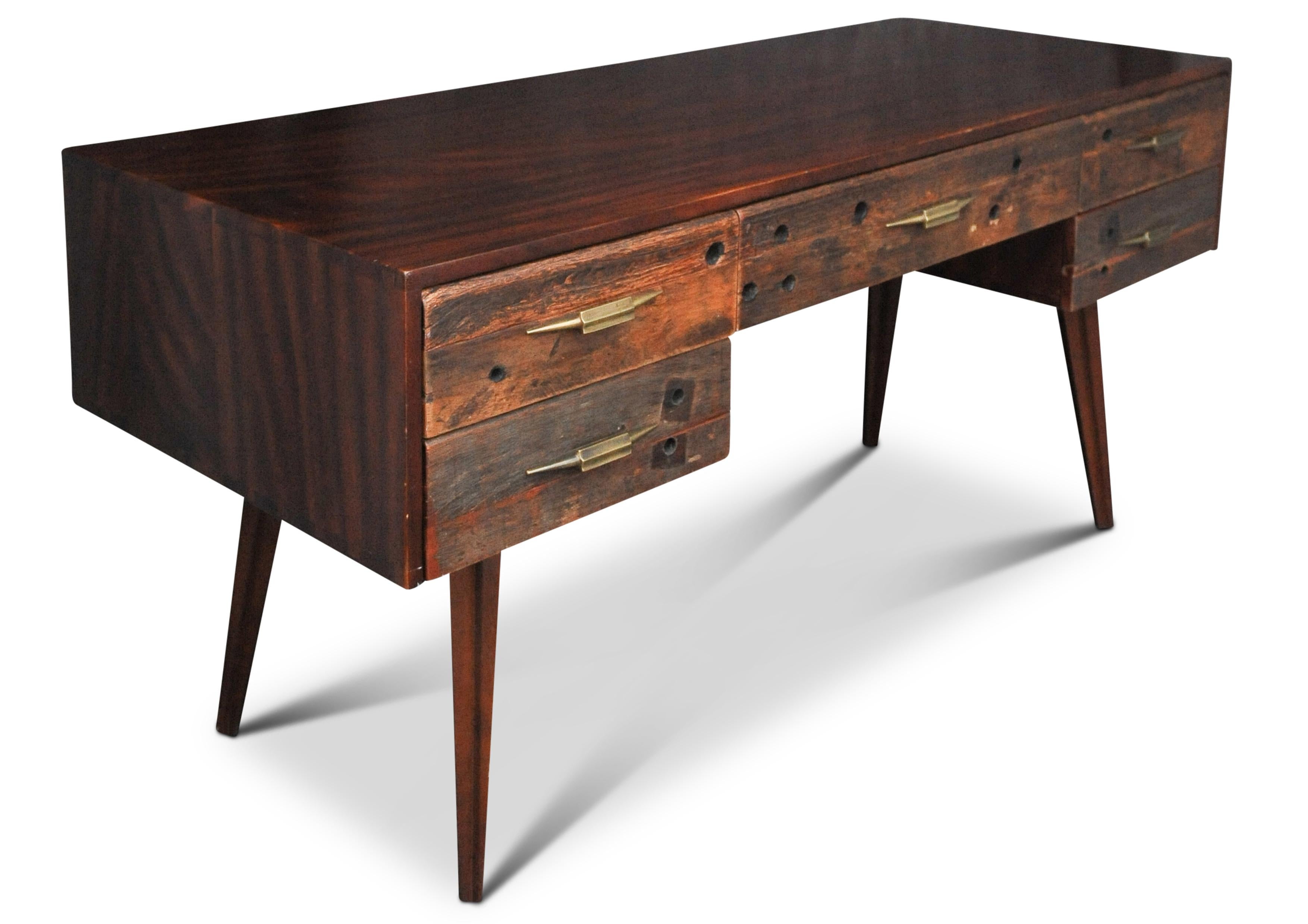 20th Century Hardwood and Reclaimed Timber Desk Befit with Five Drawers & Gilded Handles For Sale