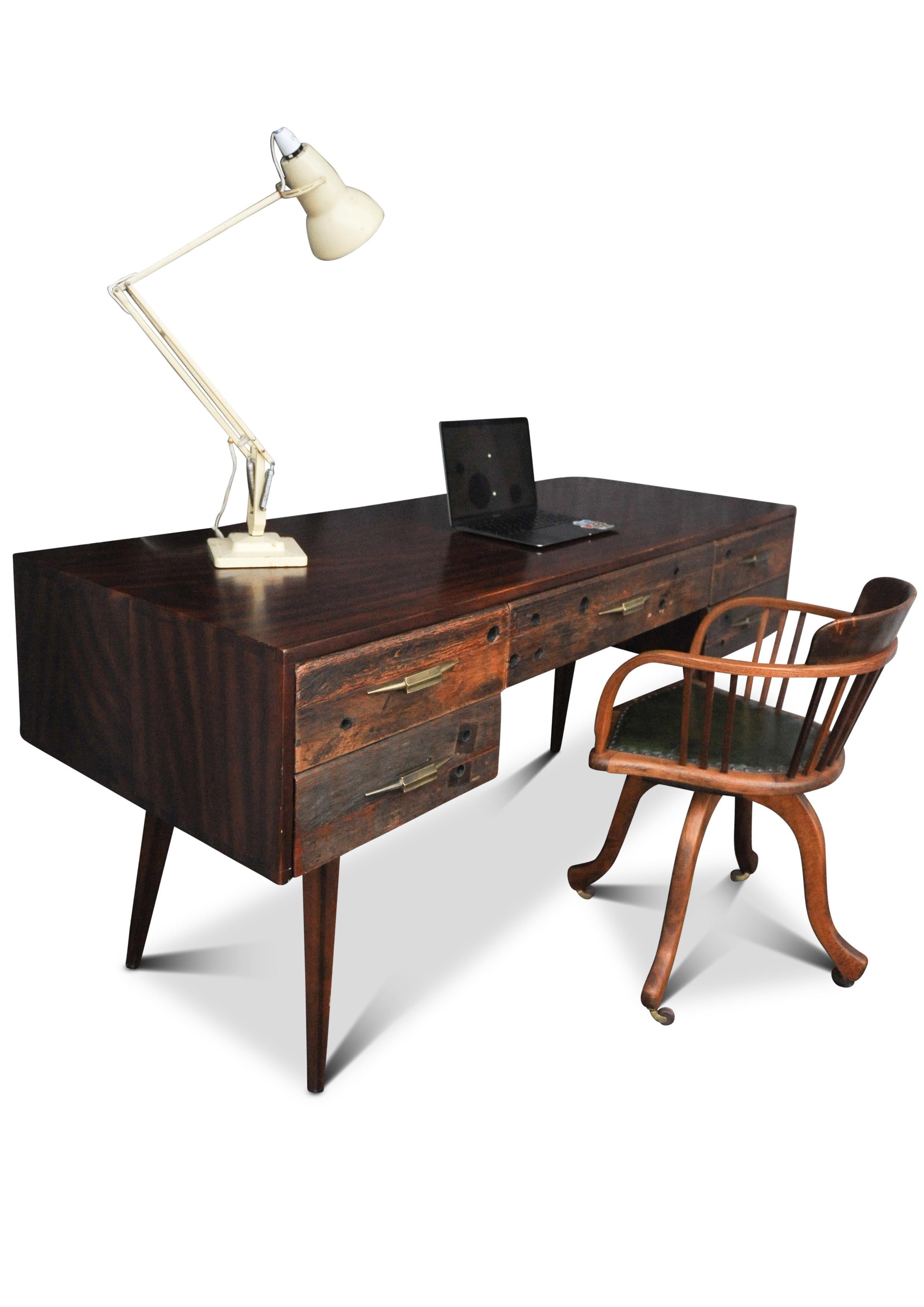 Hardwood and Reclaimed Timber Desk Befit with Five Drawers & Gilded Handles For Sale 3