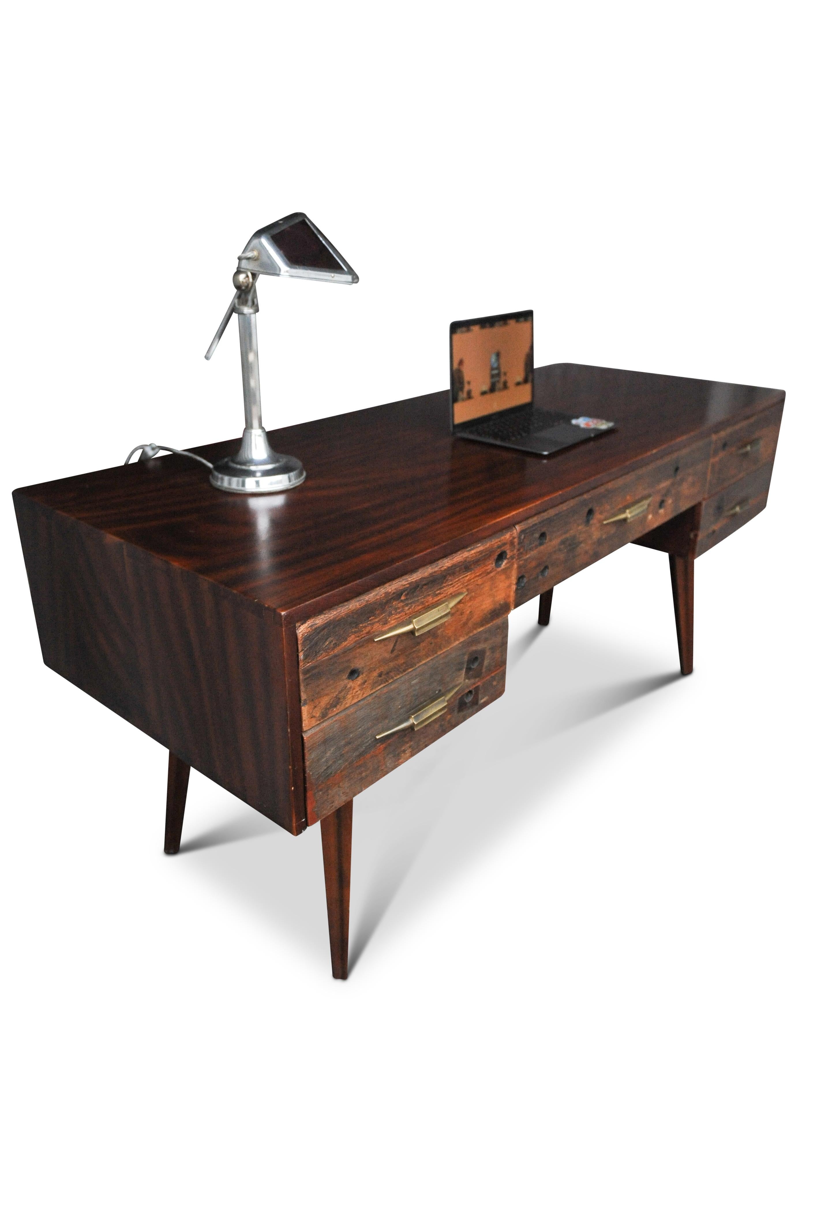 Hardwood and Reclaimed Timber Desk Befit with Five Drawers & Gilded Handles For Sale 4