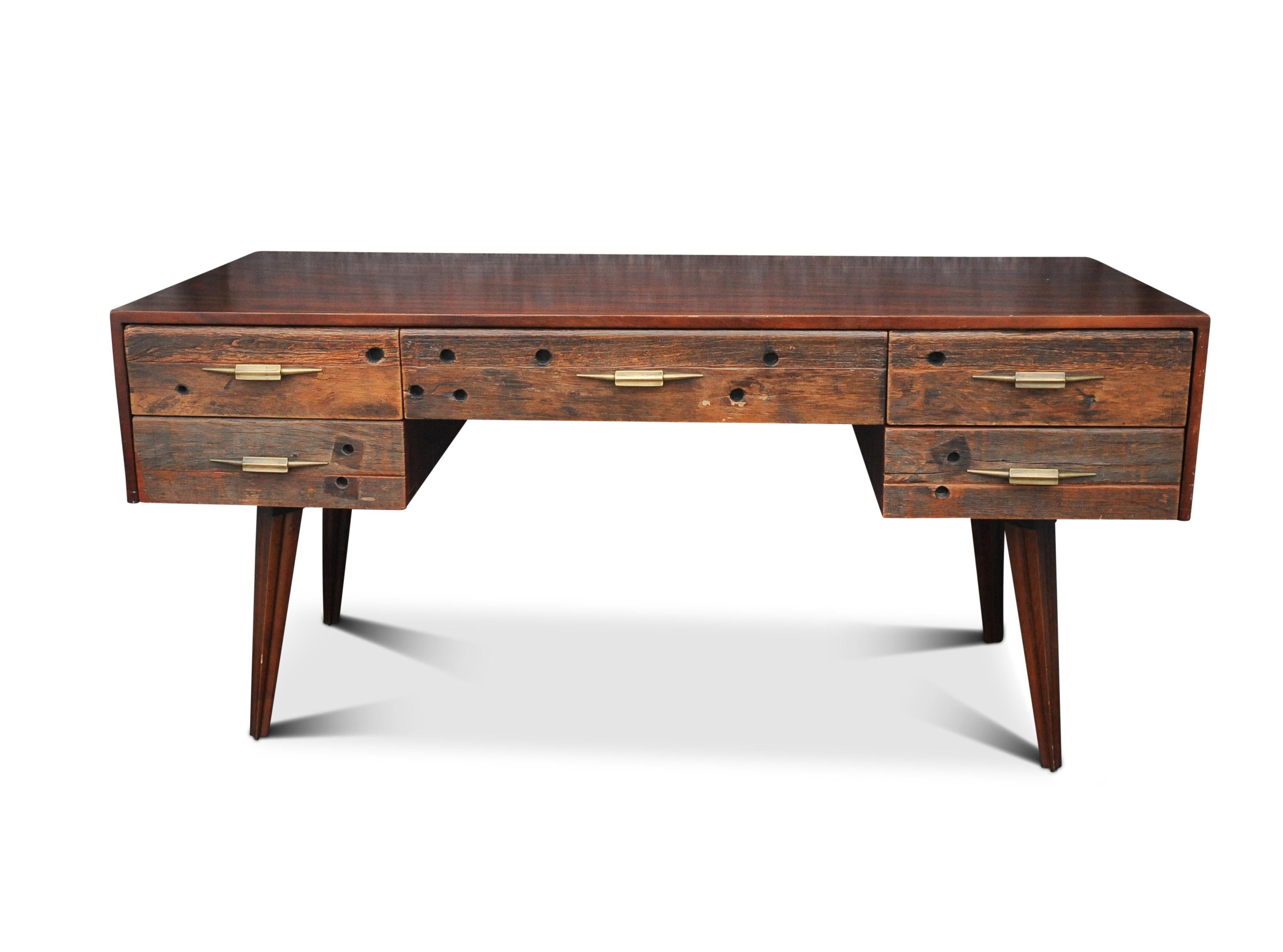 Mid-Century Modern Hardwood and Reclaimed Timber Desk Befit with Five Drawers & Gilded Handles For Sale