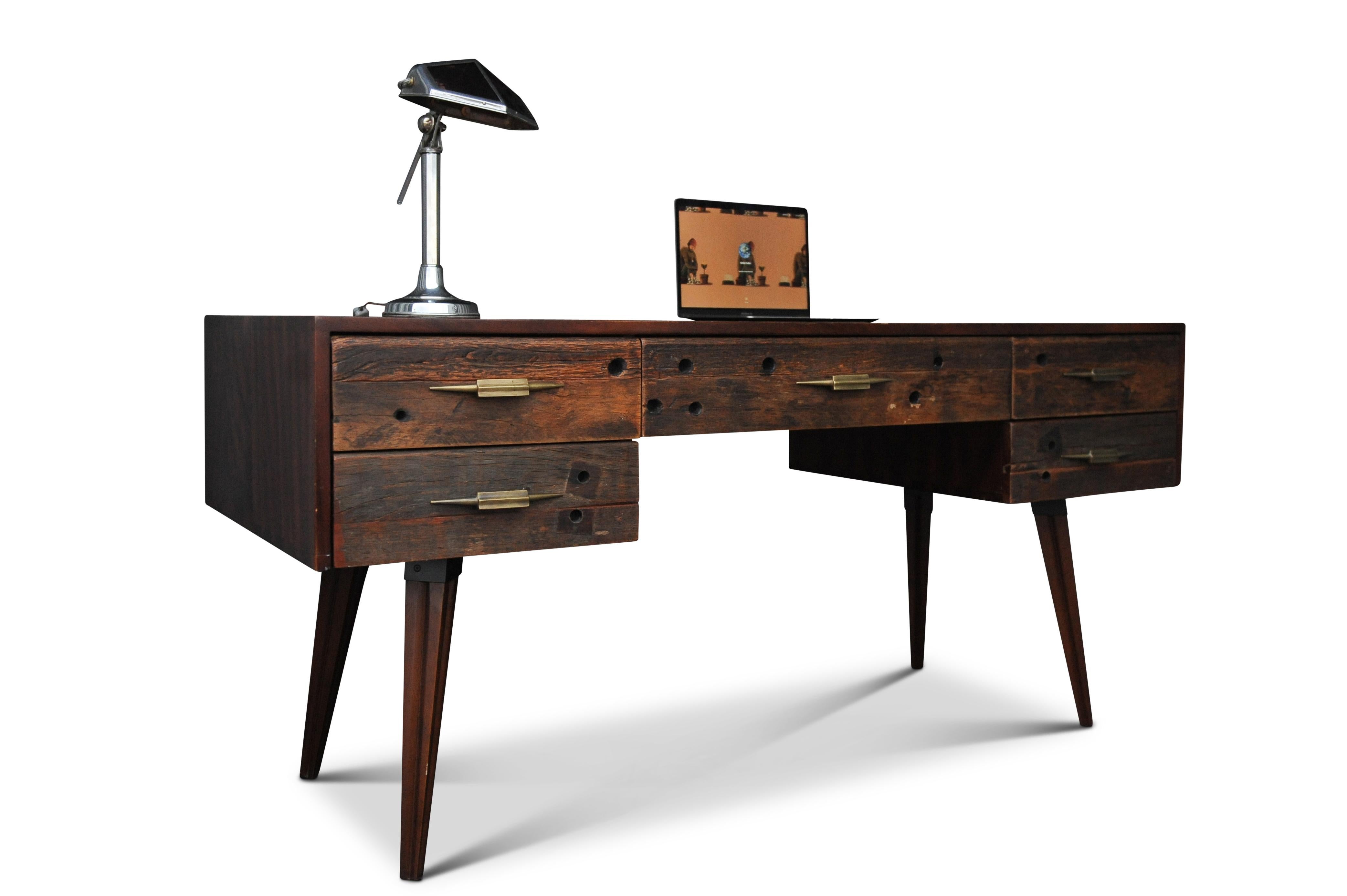 Mid-Century Modern Hardwood and Reclaimed Timber Desk Befit with Five Drawers & Gilded Handles For Sale