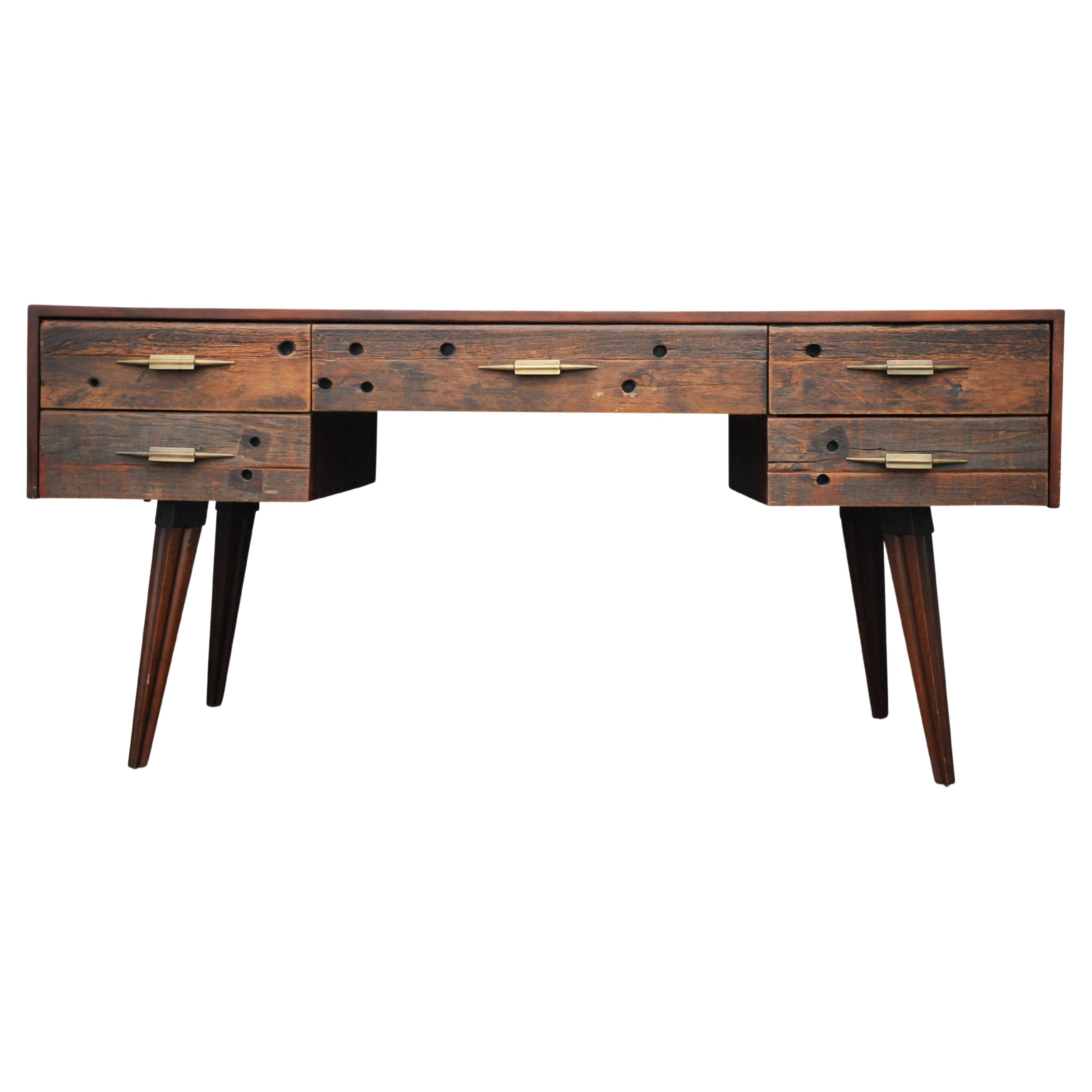British Hardwood and Reclaimed Timber Desk Befit with Five Drawers & Gilded Handles For Sale