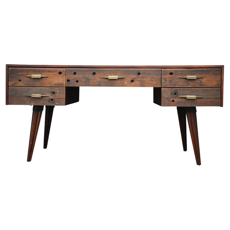 Hardwood and Reclaimed Timber Desk Befit with Five Drawers and Gilded
