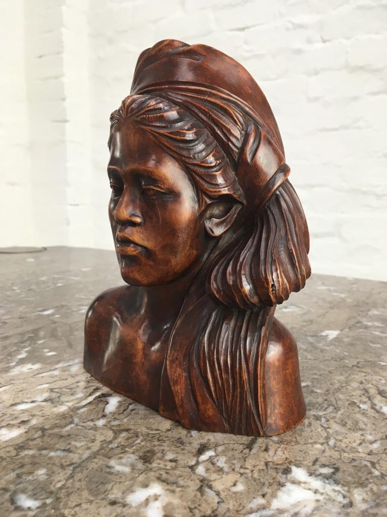 Hardwood Bust of Young Woman in Headdress 1930s Bali or Surabaya Indonesia 7