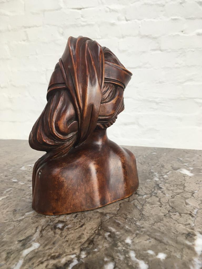 Mid-Century Modern Hardwood Bust of Young Woman in Headdress 1930s Bali or Surabaya Indonesia