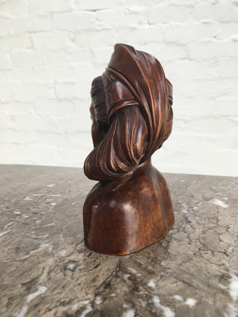 Carved Hardwood Bust of Young Woman in Headdress 1930s Bali or Surabaya Indonesia