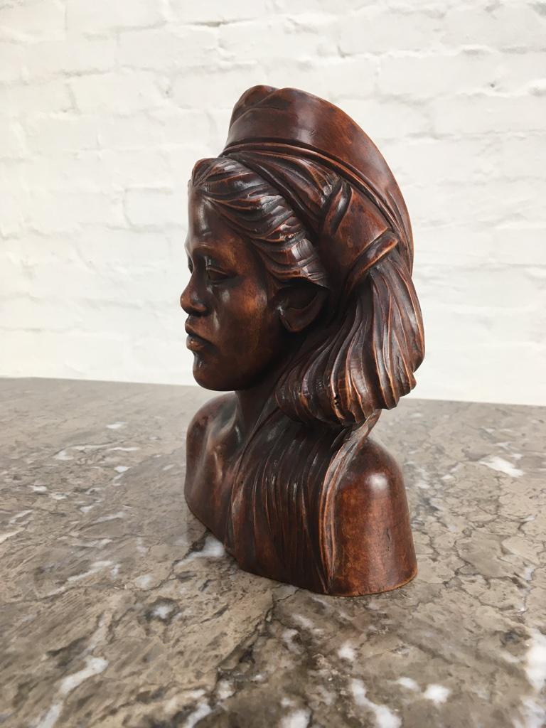 Mid-20th Century Hardwood Bust of Young Woman in Headdress 1930s Bali or Surabaya Indonesia