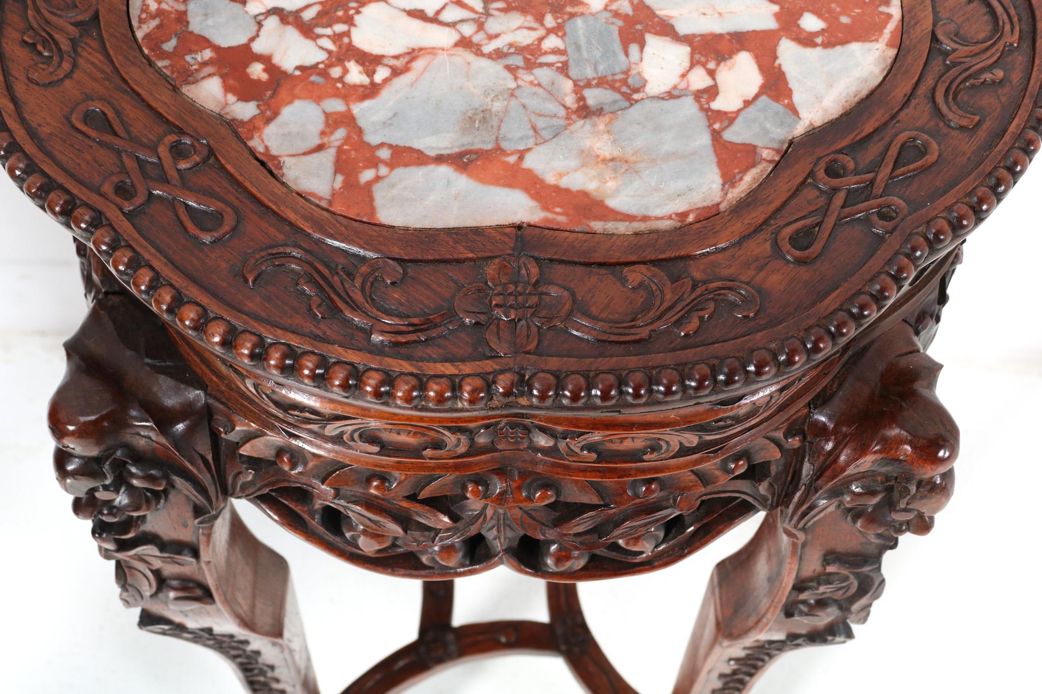 Hardwood Chinese Carved Pedestal Table with Marble Top, 1920s For Sale 5