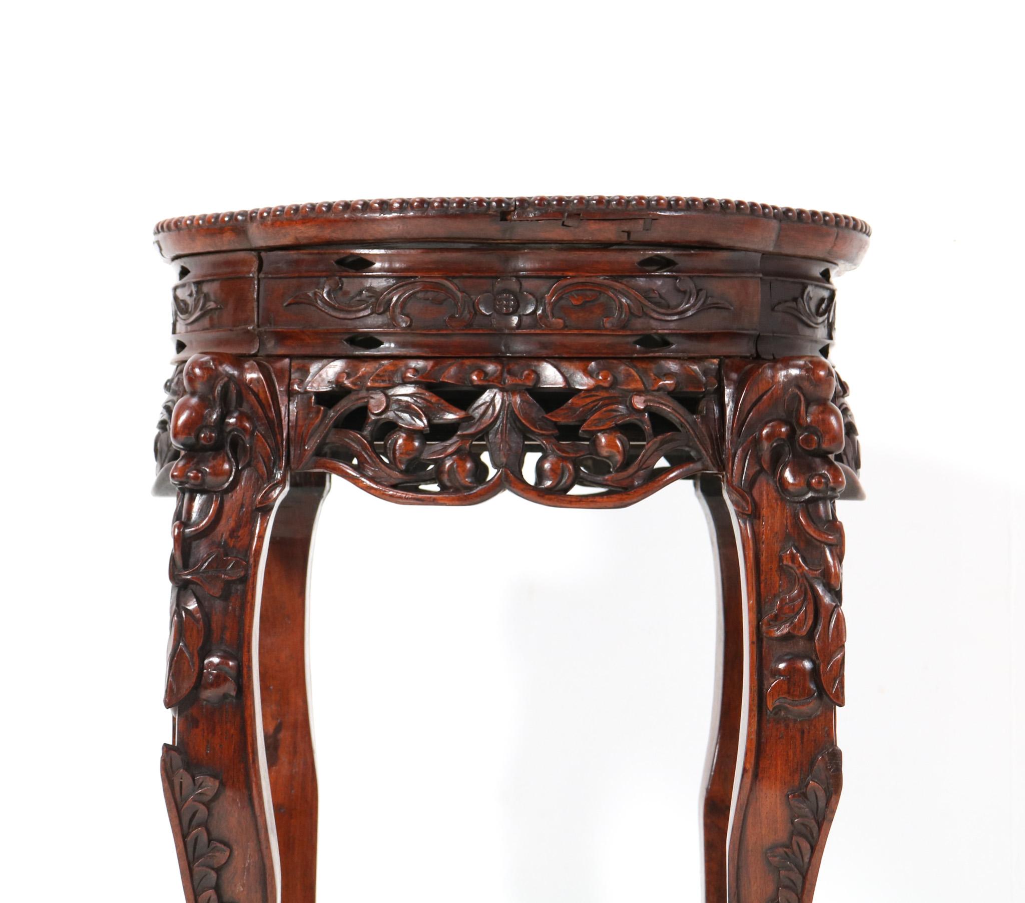 Hardwood Chinese Carved Pedestal Table with Marble Top, 1920s In Good Condition For Sale In Amsterdam, NL
