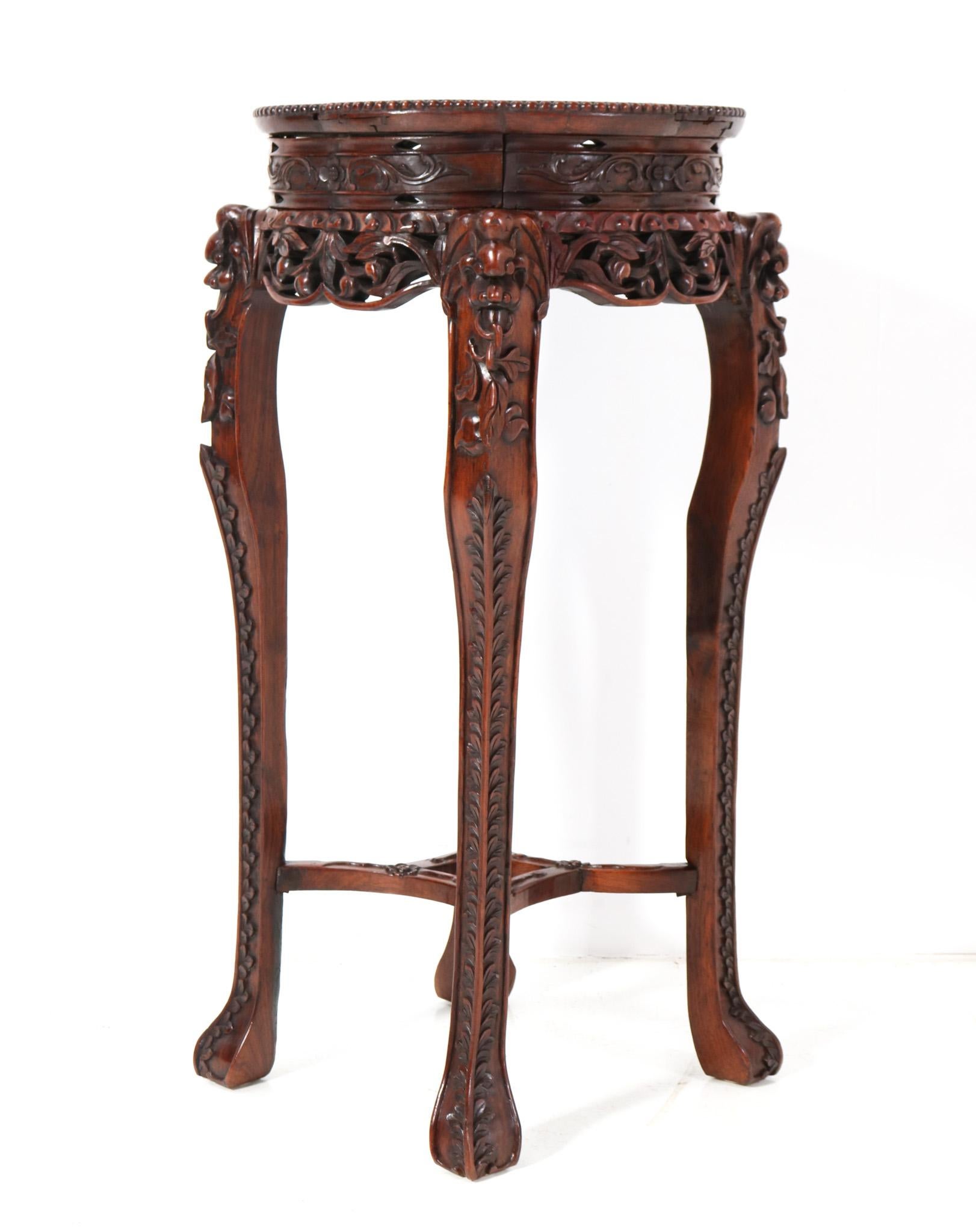 Early 20th Century Hardwood Chinese Carved Pedestal Table with Marble Top, 1920s For Sale
