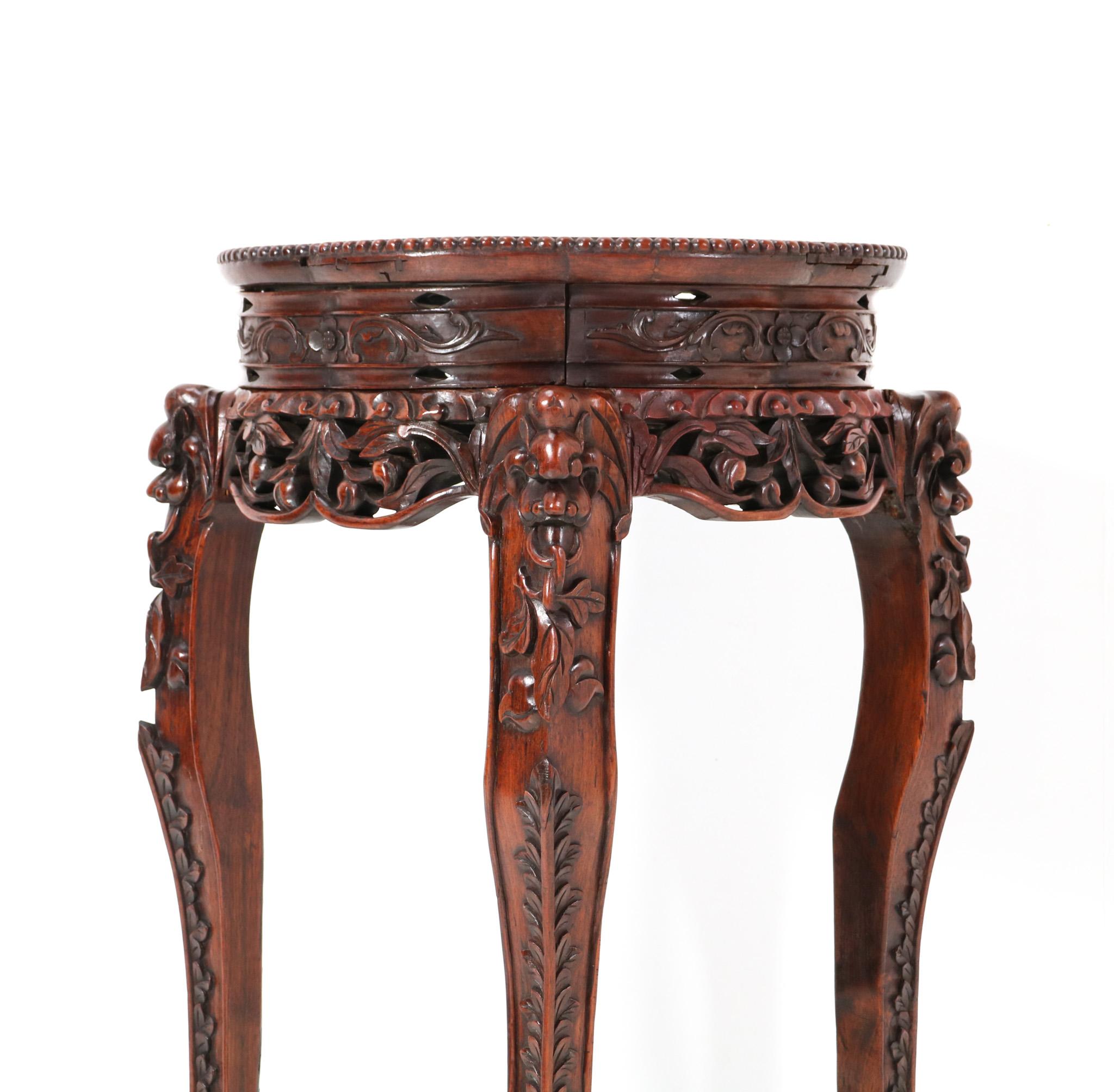 Hardwood Chinese Carved Pedestal Table with Marble Top, 1920s For Sale 1