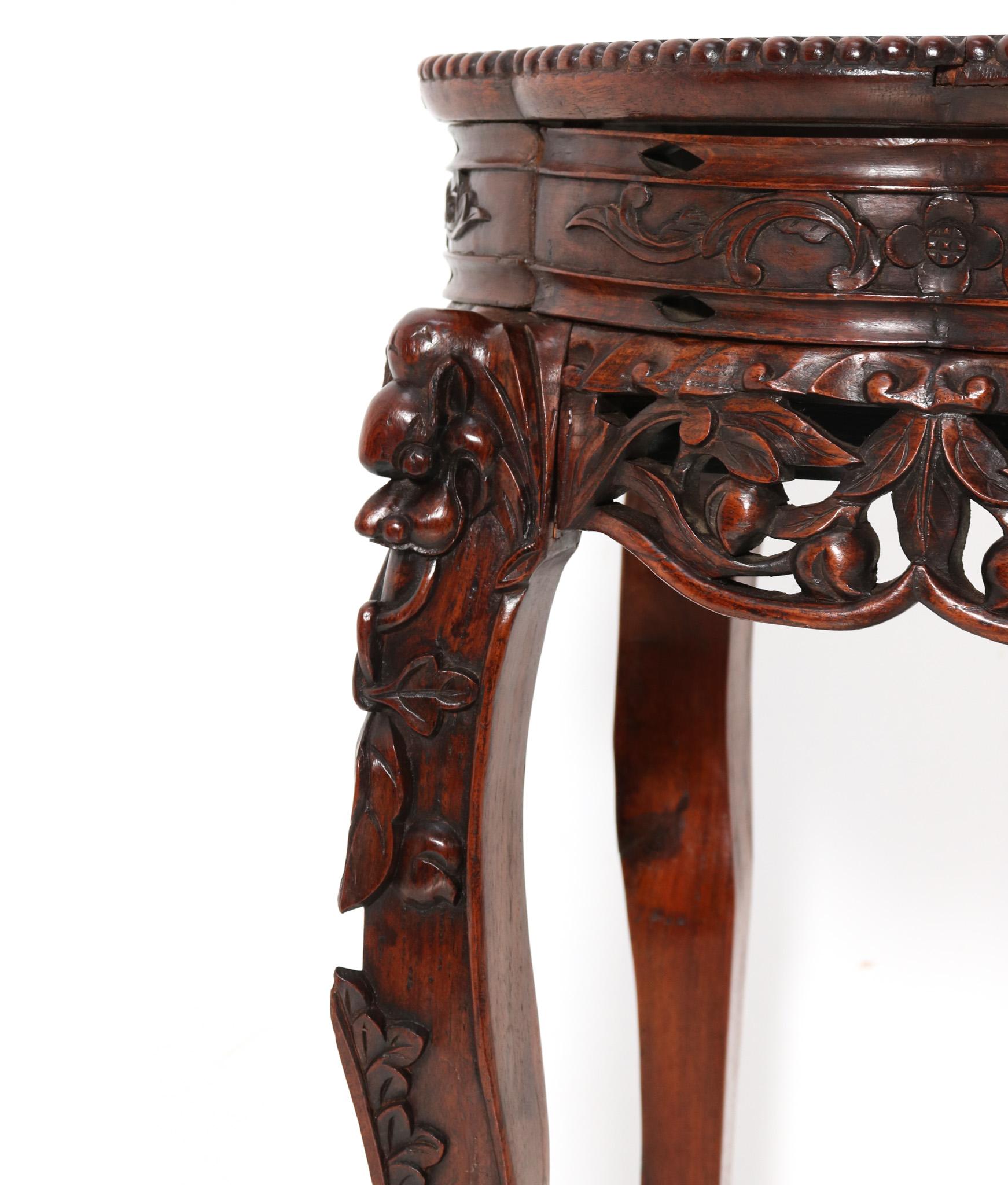 Hardwood Chinese Carved Pedestal Table with Marble Top, 1920s For Sale 4