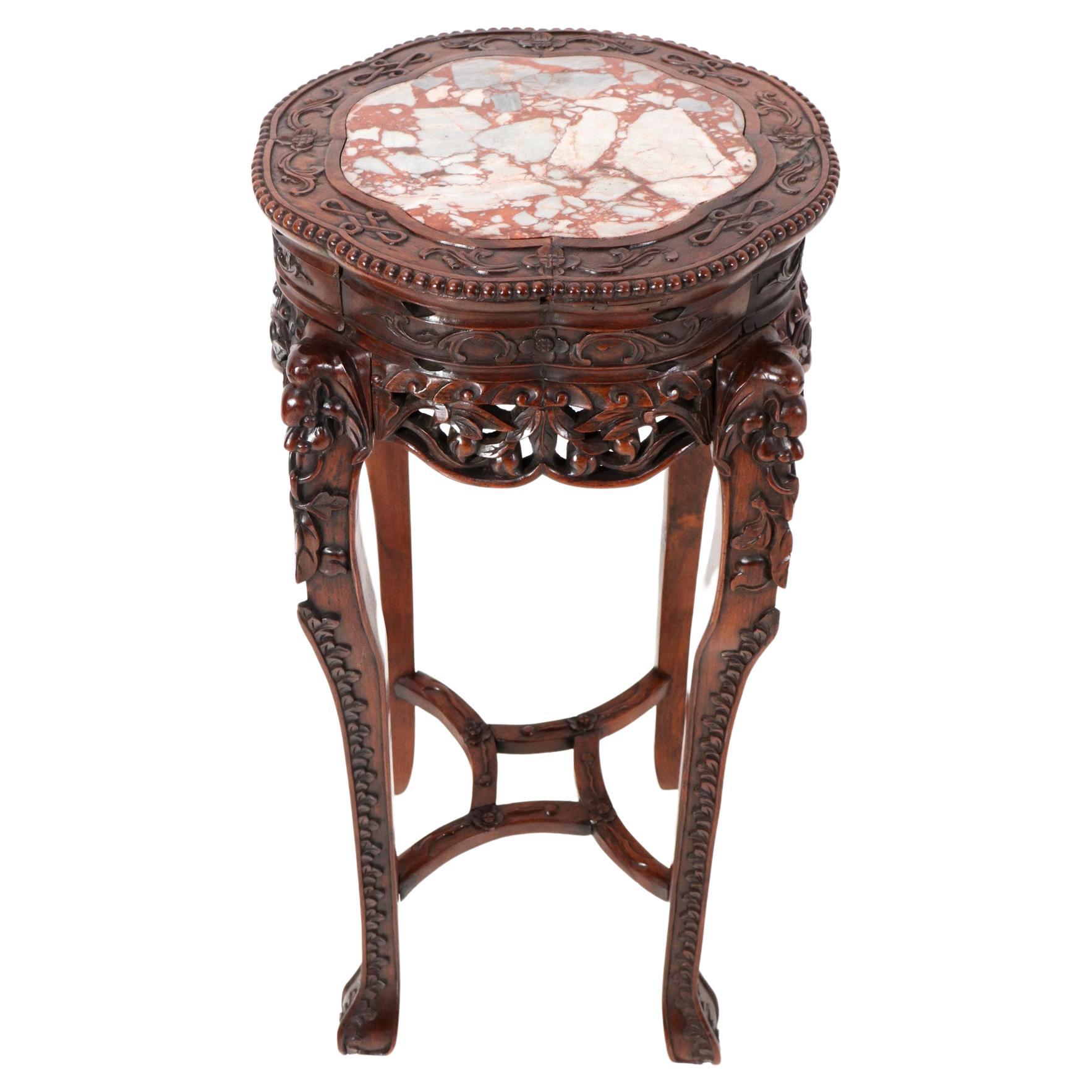 Hardwood Chinese Carved Pedestal Table with Marble Top, 1920s