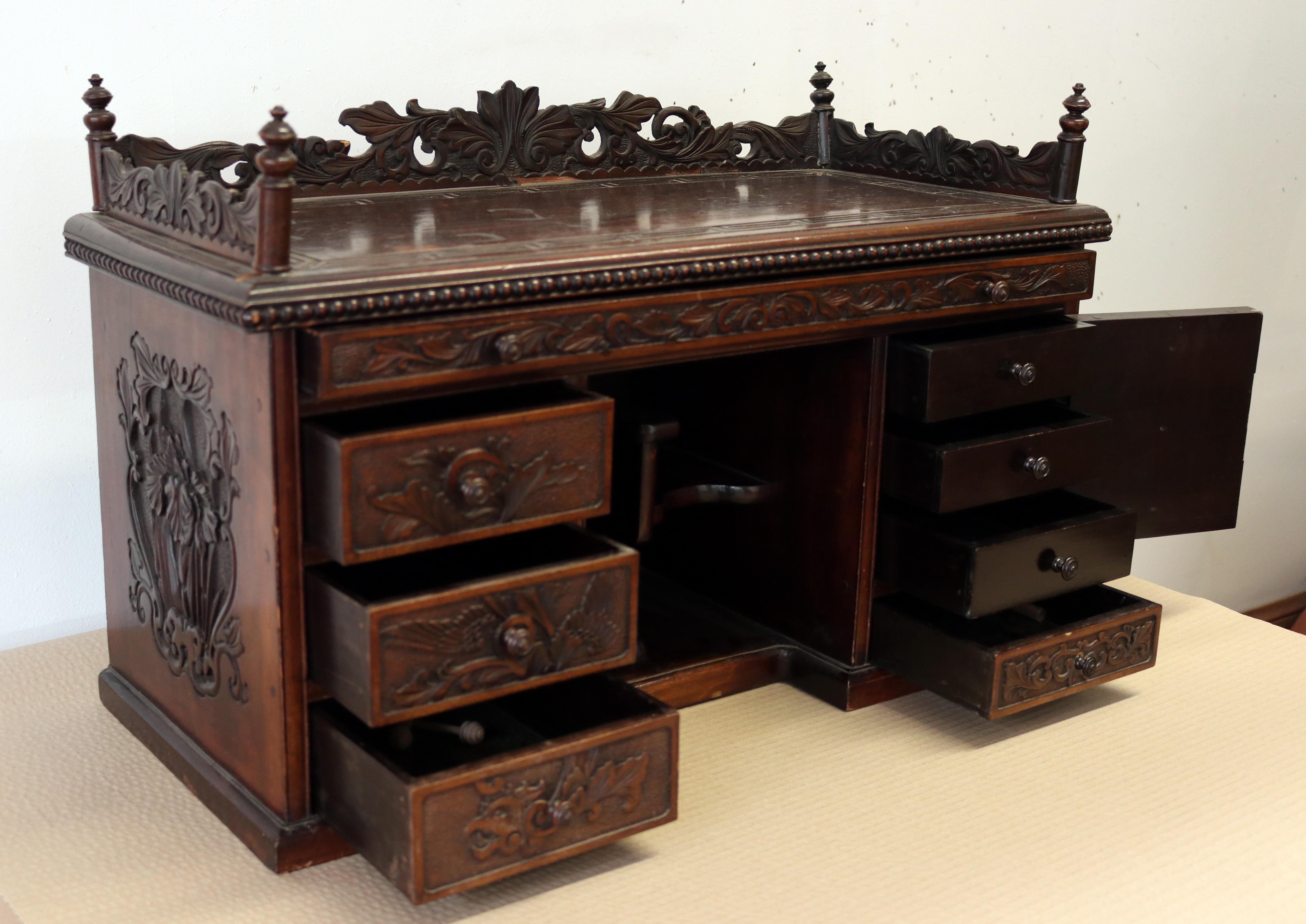 Hardwood Chinese Oriental Gothic Dark Carved Wood Chest Cabinet In Fair Condition For Sale In Glencarse, Perthshire