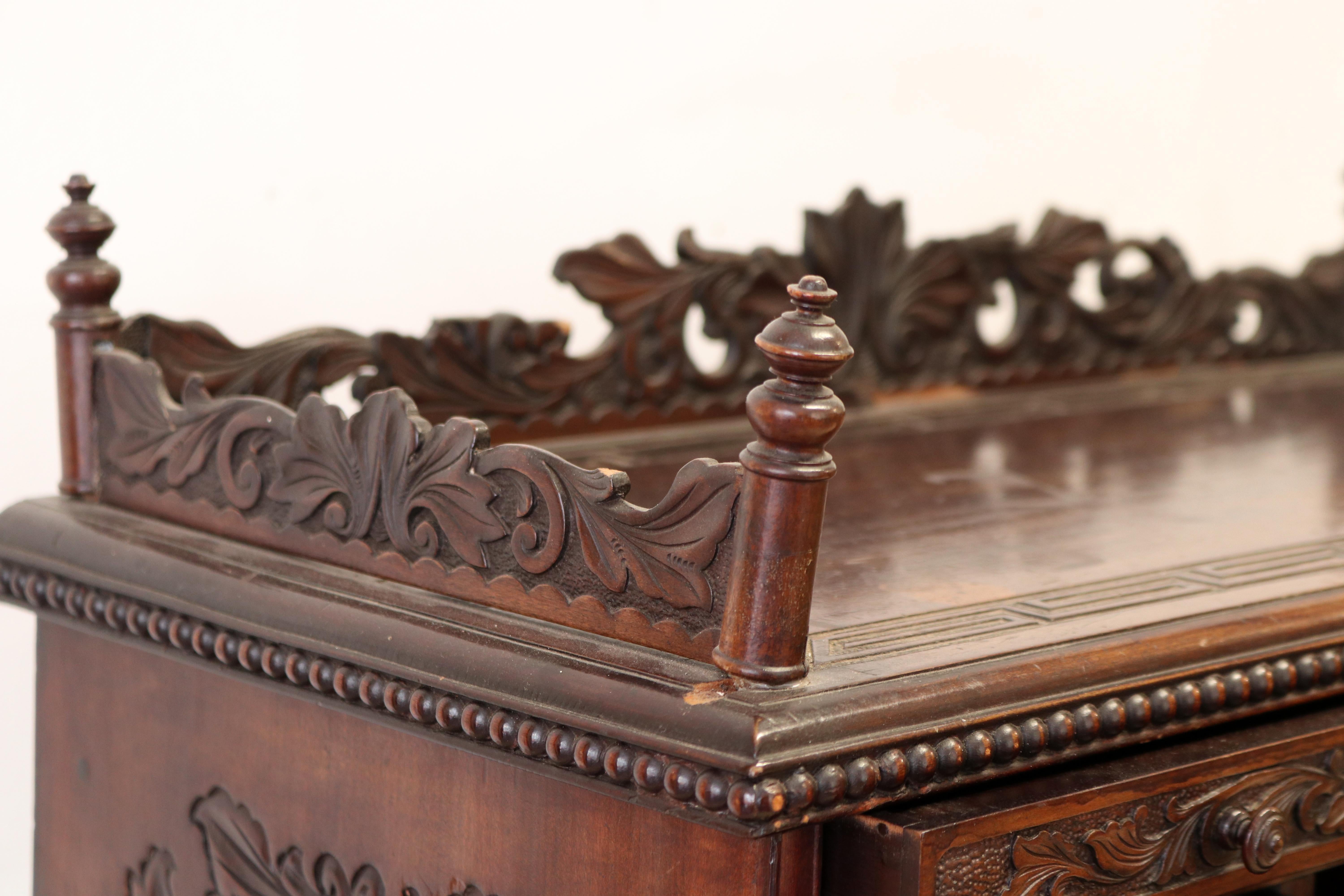 19th Century Hardwood Chinese Oriental Gothic Dark Carved Wood Chest Cabinet For Sale