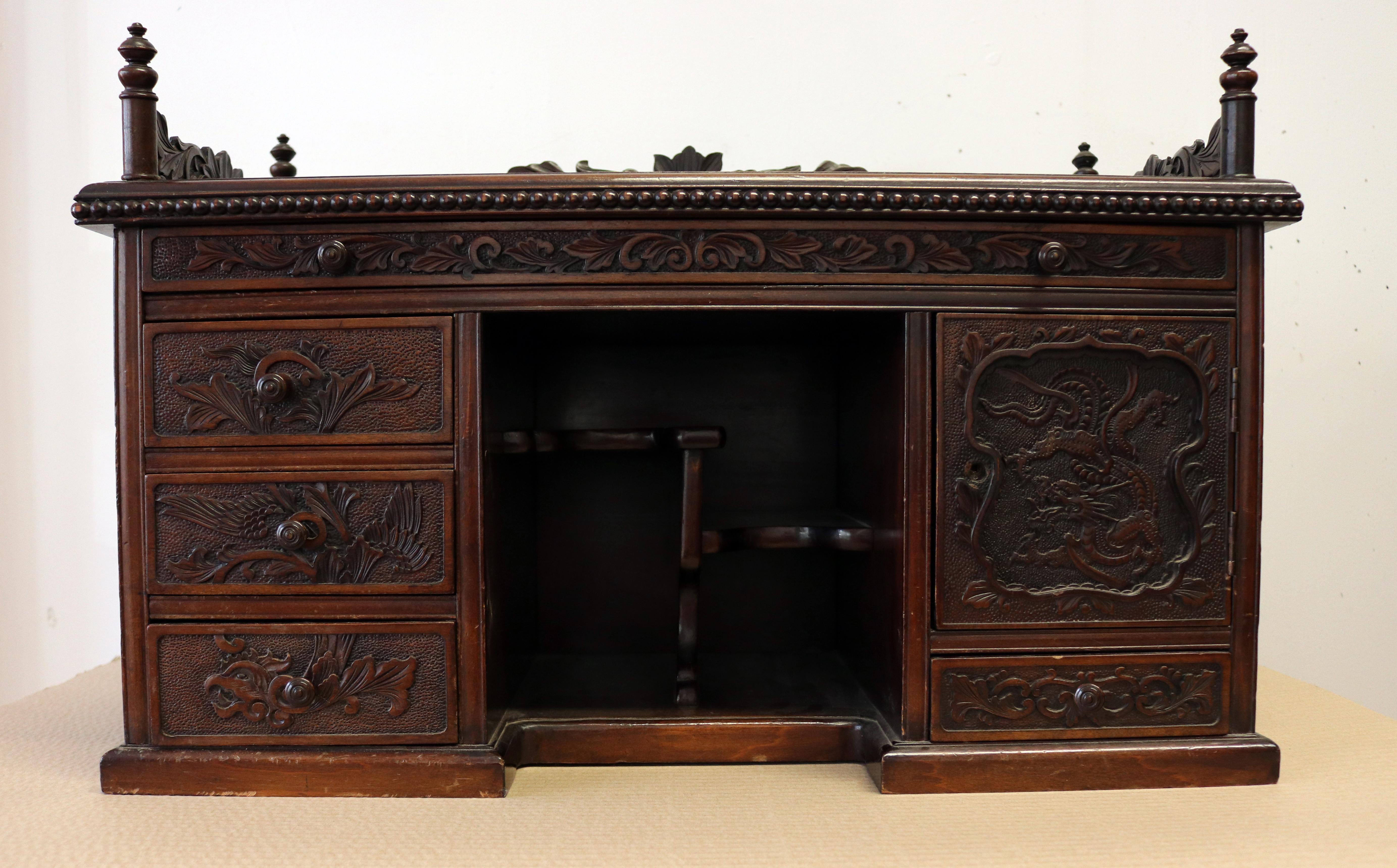 Hardwood Chinese Oriental Gothic Dark Carved Wood Chest Cabinet For Sale 2