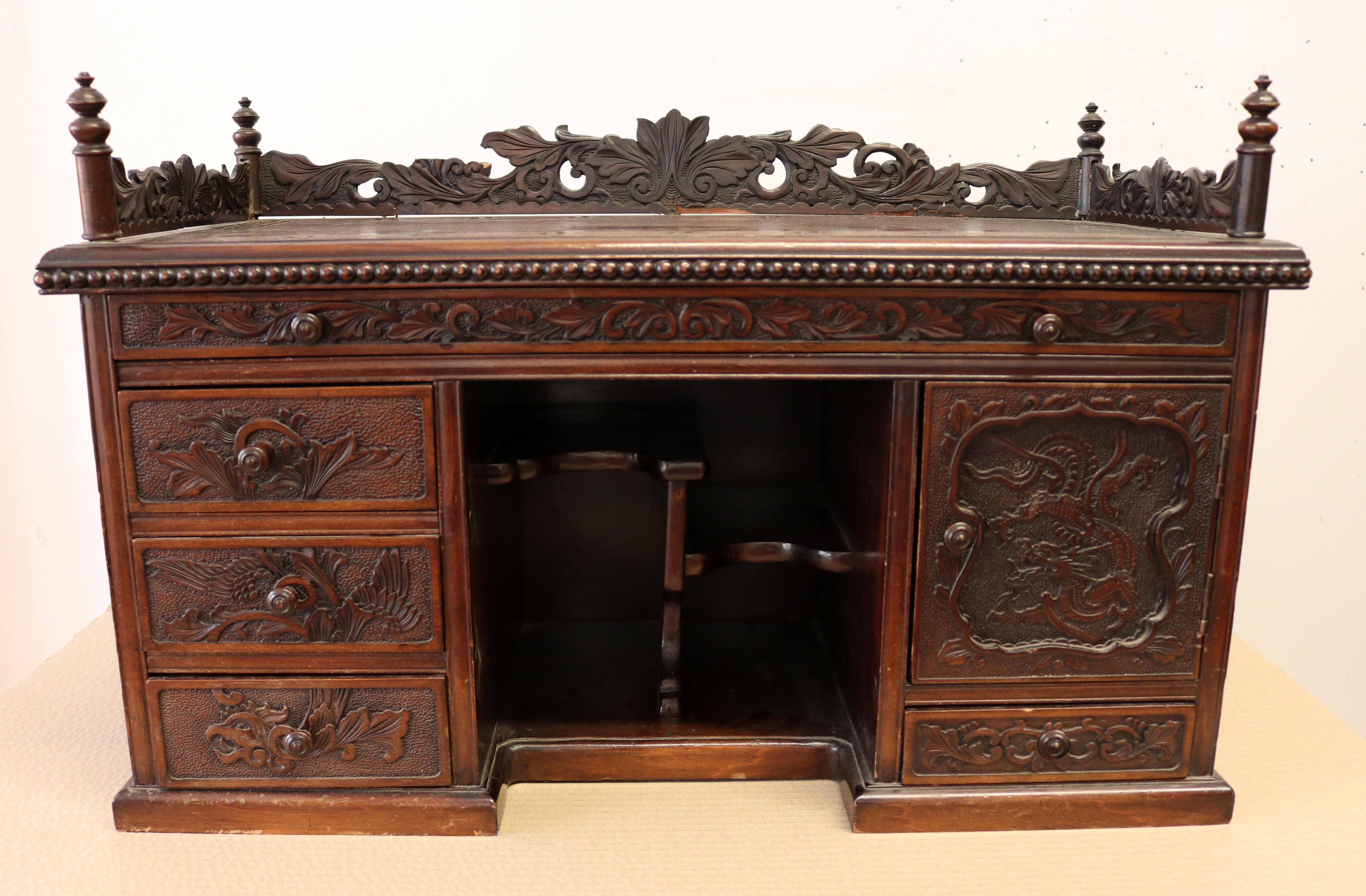 Hardwood Chinese Oriental Gothic Dark Carved Wood Chest Cabinet For Sale 4