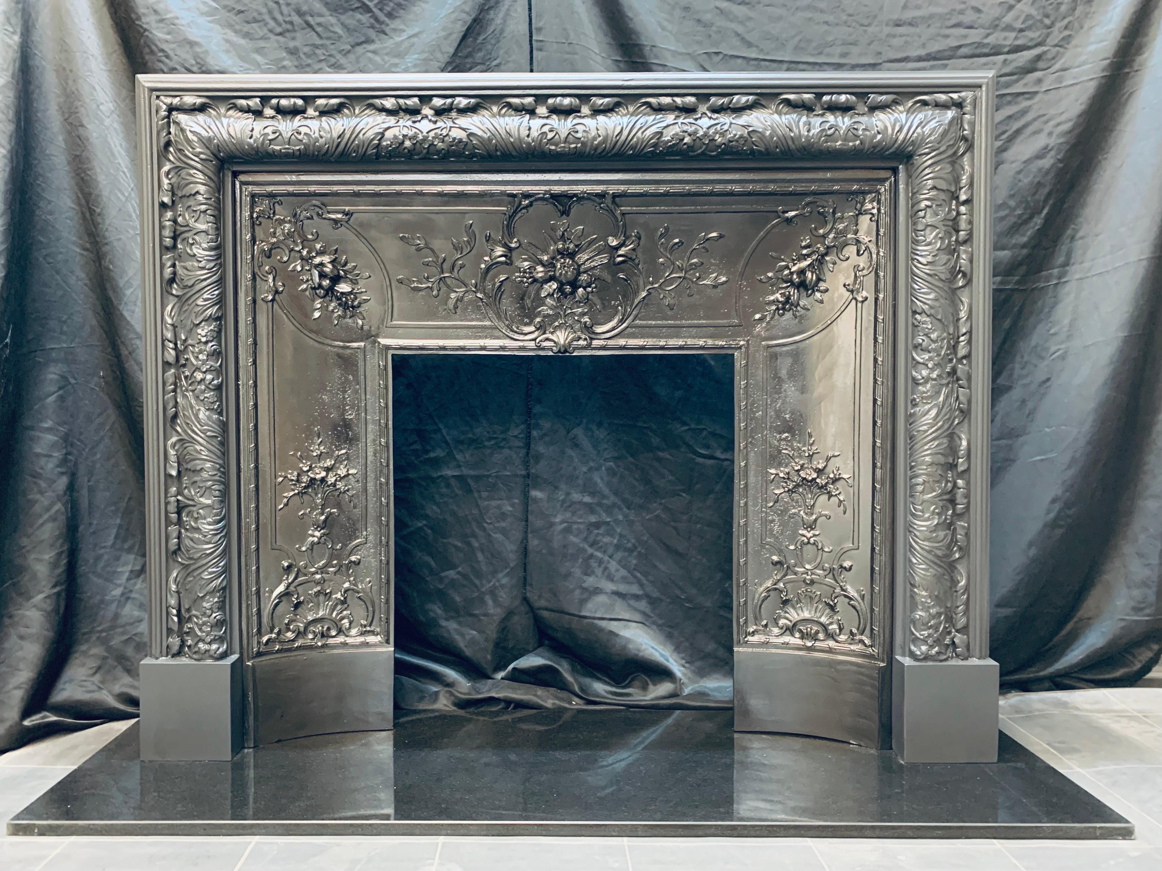 A superb example of an English hardwood & Gesso Edwardian fireplace surround. A well proportioned frame consisting of applied gesso repeating acanthus leave’s with generous return revels  all resting on plain foot blocks, we have prepared this piece