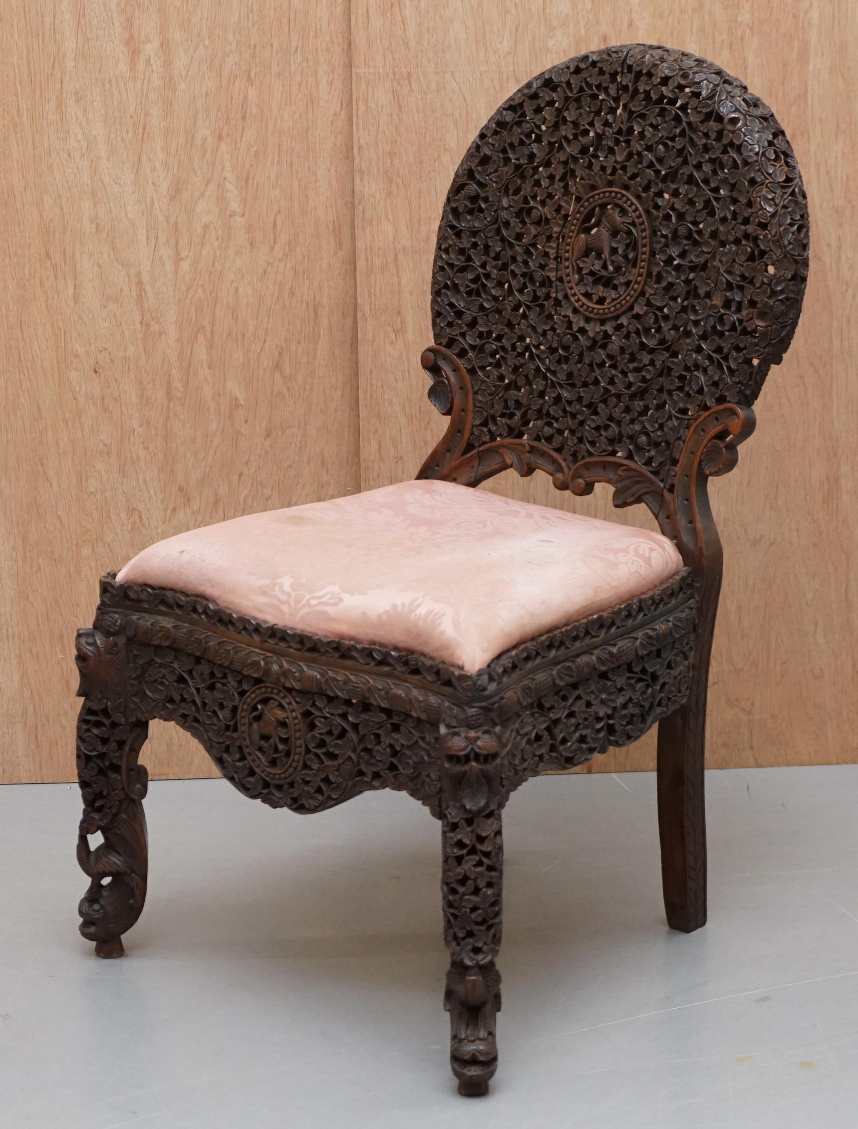 We are delighted to offer for sale this is for an original solid Hardwood Anglo-Indian Burmese hand carved chair

The condition is good, it has been restored to include having the frames checked, glued and clamped where required, there are no