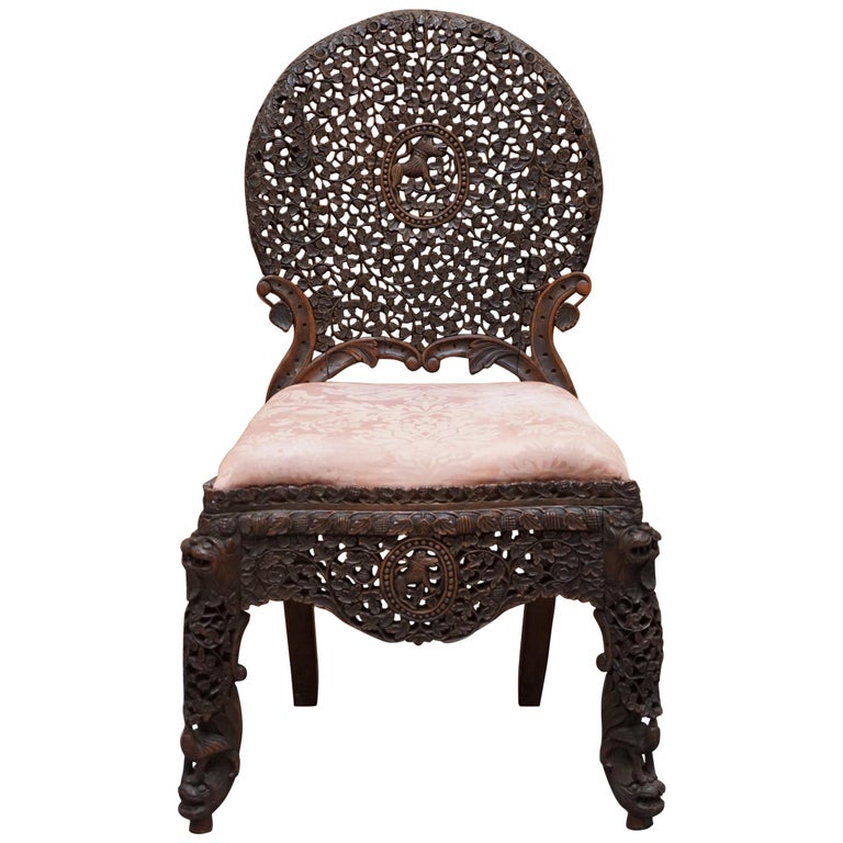 Hardwood Hand Carved Anglo Indian Burmese Chair with Floral Detailing