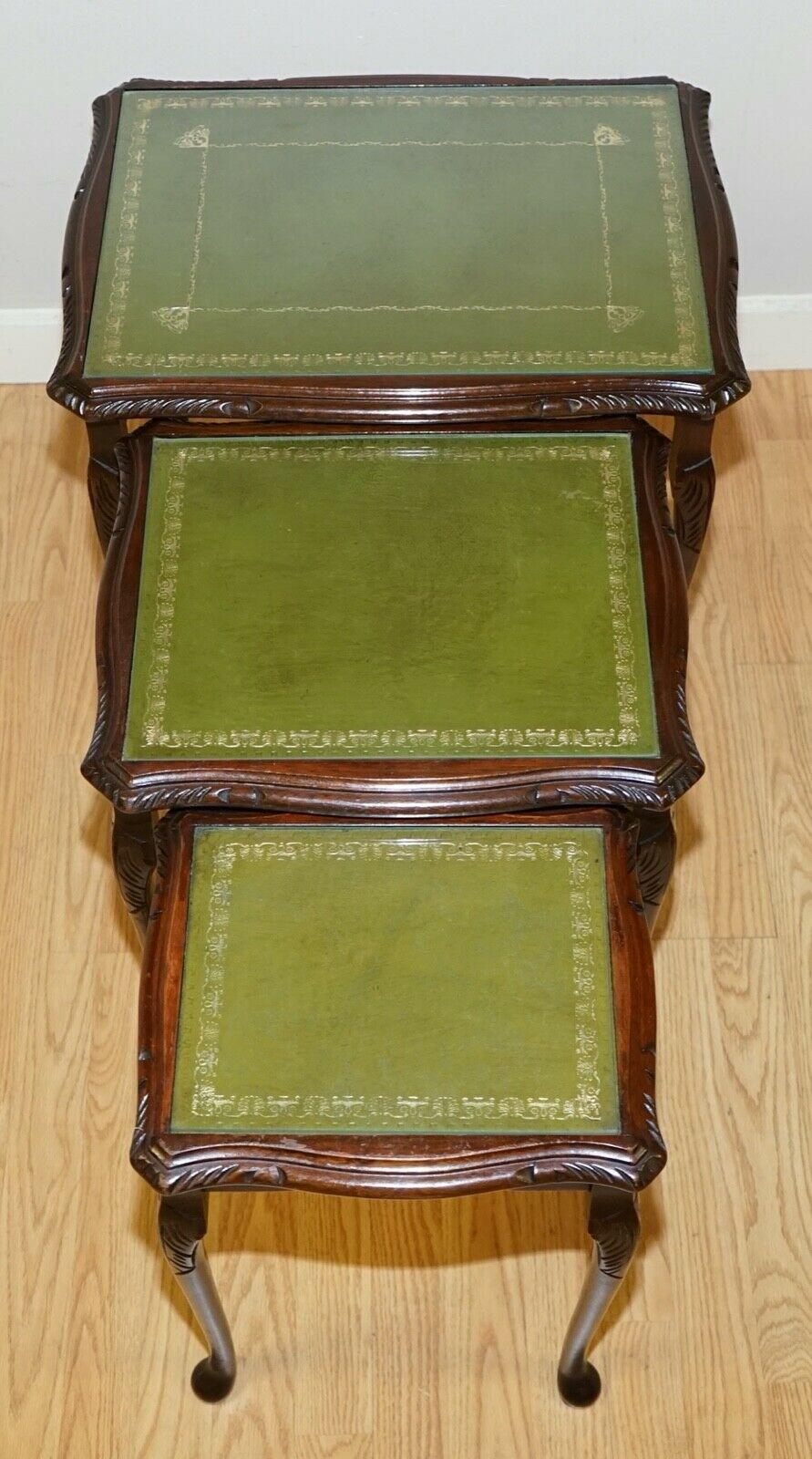 British Hardwood Nest of Tables Queen Anne Style Legs with Green Embossed Leather Top For Sale