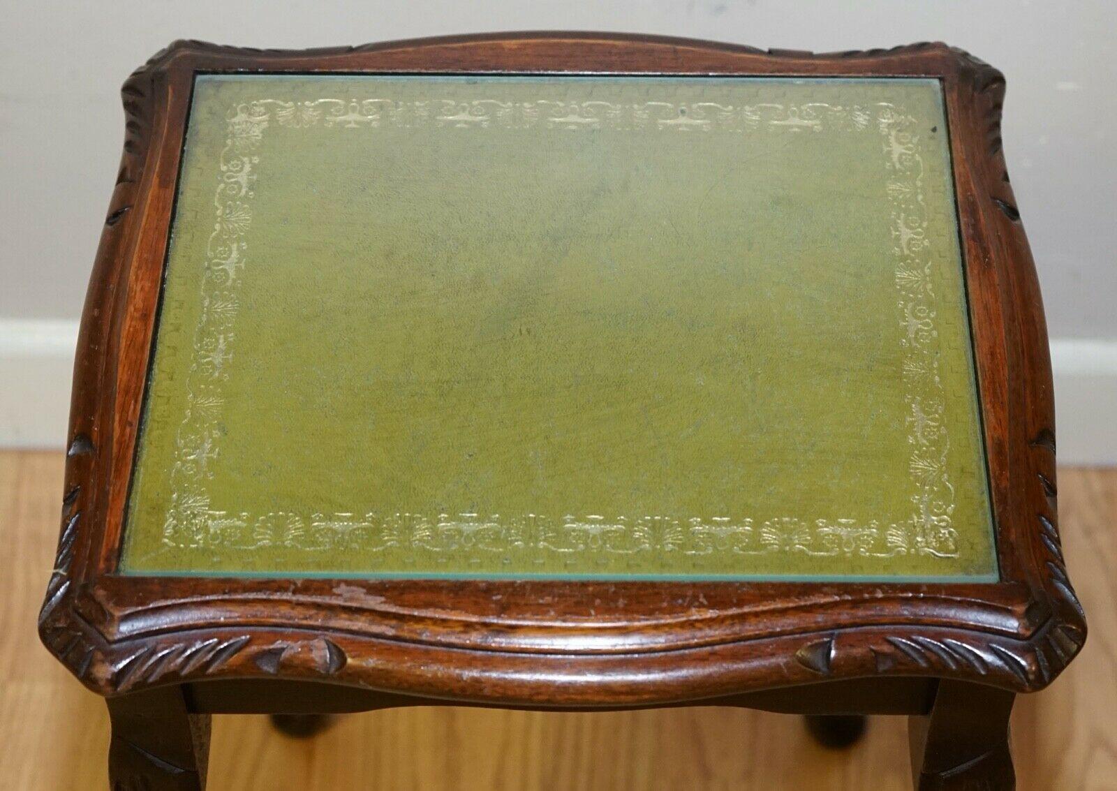 Hand-Crafted Hardwood Nest of Tables Queen Anne Style Legs with Green Embossed Leather Top For Sale