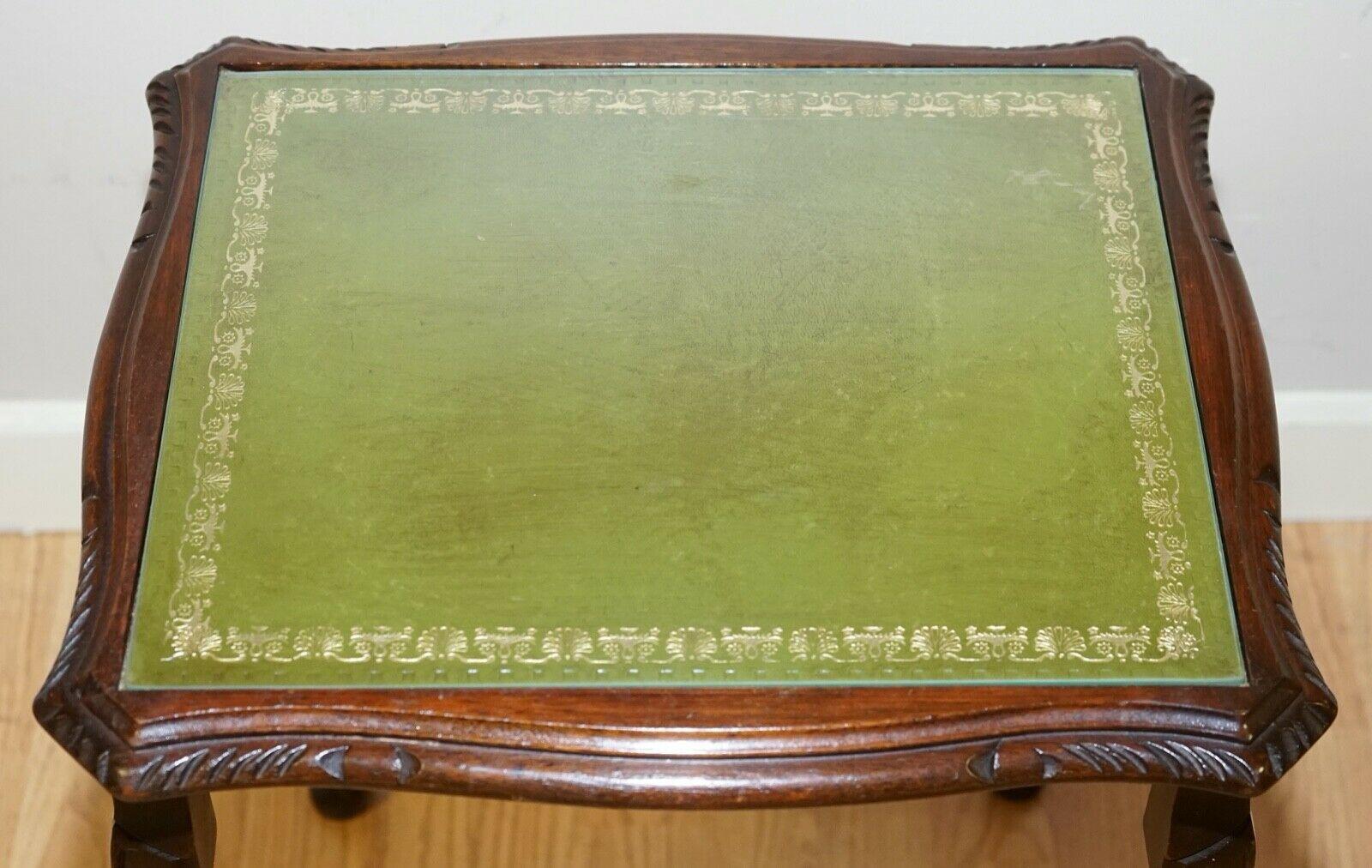 20th Century Hardwood Nest of Tables Queen Anne Style Legs with Green Embossed Leather Top For Sale