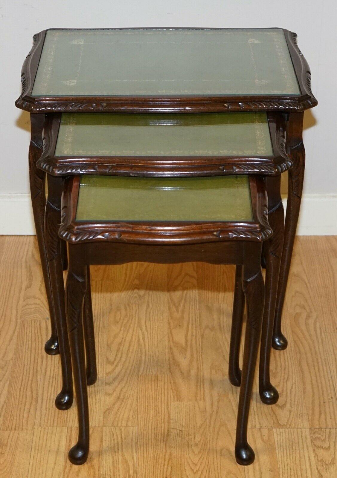 Hardwood Nest of Tables Queen Anne Style Legs with Green Embossed Leather Top For Sale 4