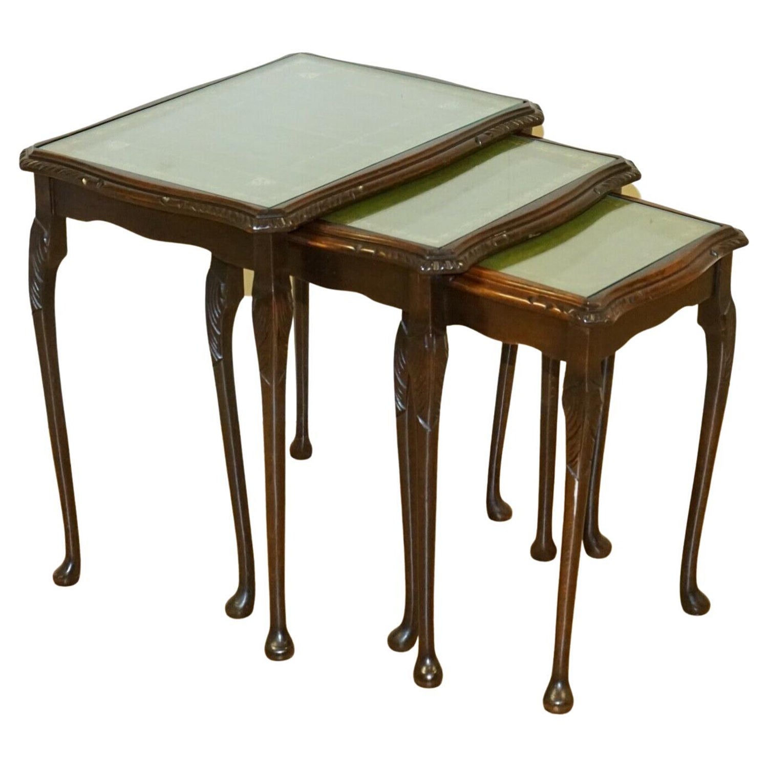 Nest of Tables Queen Anne Style Legs with Green Embossed Leather Top For  Sale at 1stDibs | leather nest of tables