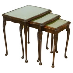Hardwood Nest of Tables Queen Anne Style Legs with Green Embossed Leather Top