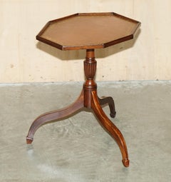 HARDWOOD OCTAGONAL BROWN LEATHER GOLD LEAF TRIPOD SiDE END LAMP WINE TABLE