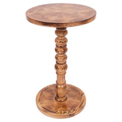Hardwood Round End Table - Marquetry Inlay - Charred Finish