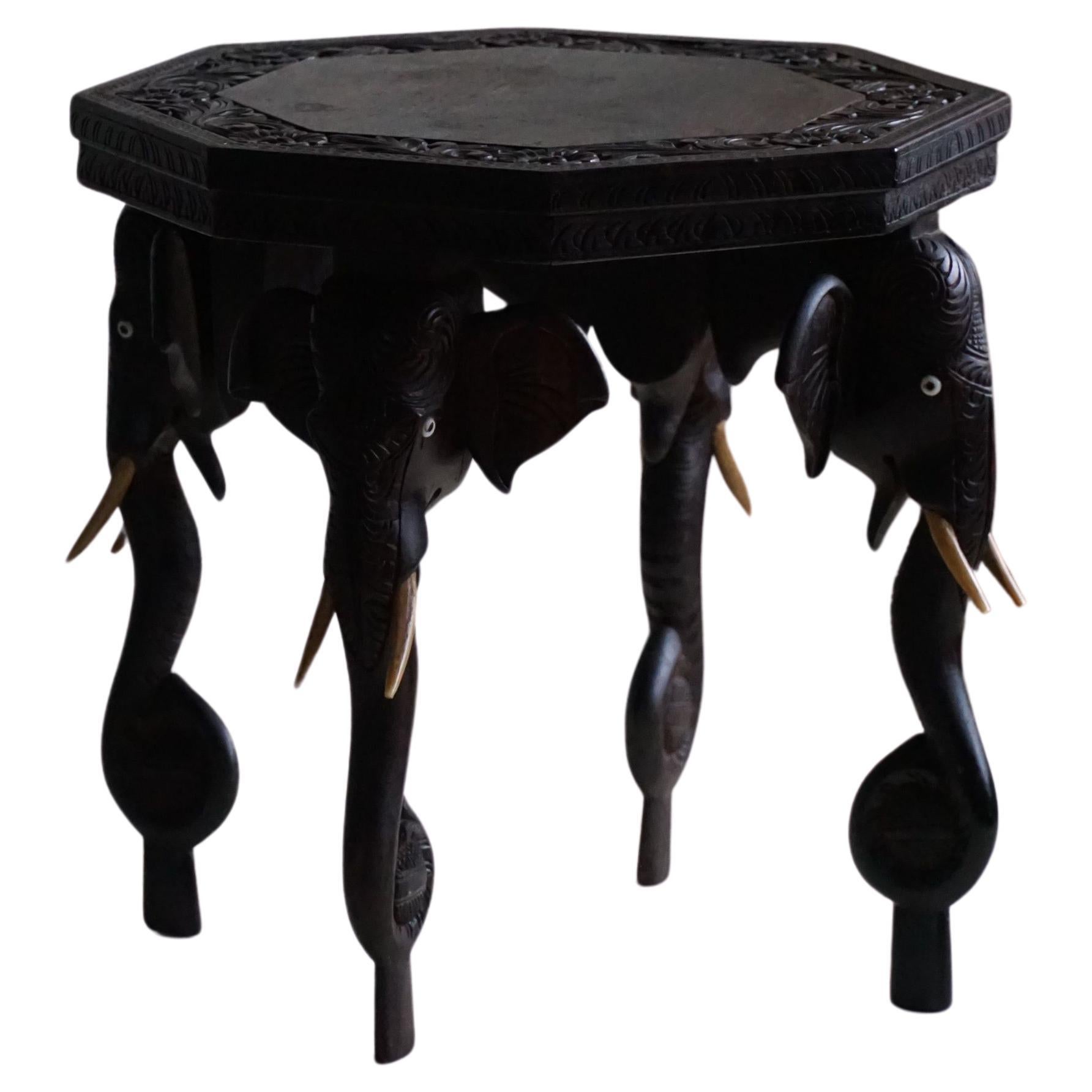 Hardwood Side Table with 4 Elephant Head Legs, Anglo Indian, 1920s For Sale
