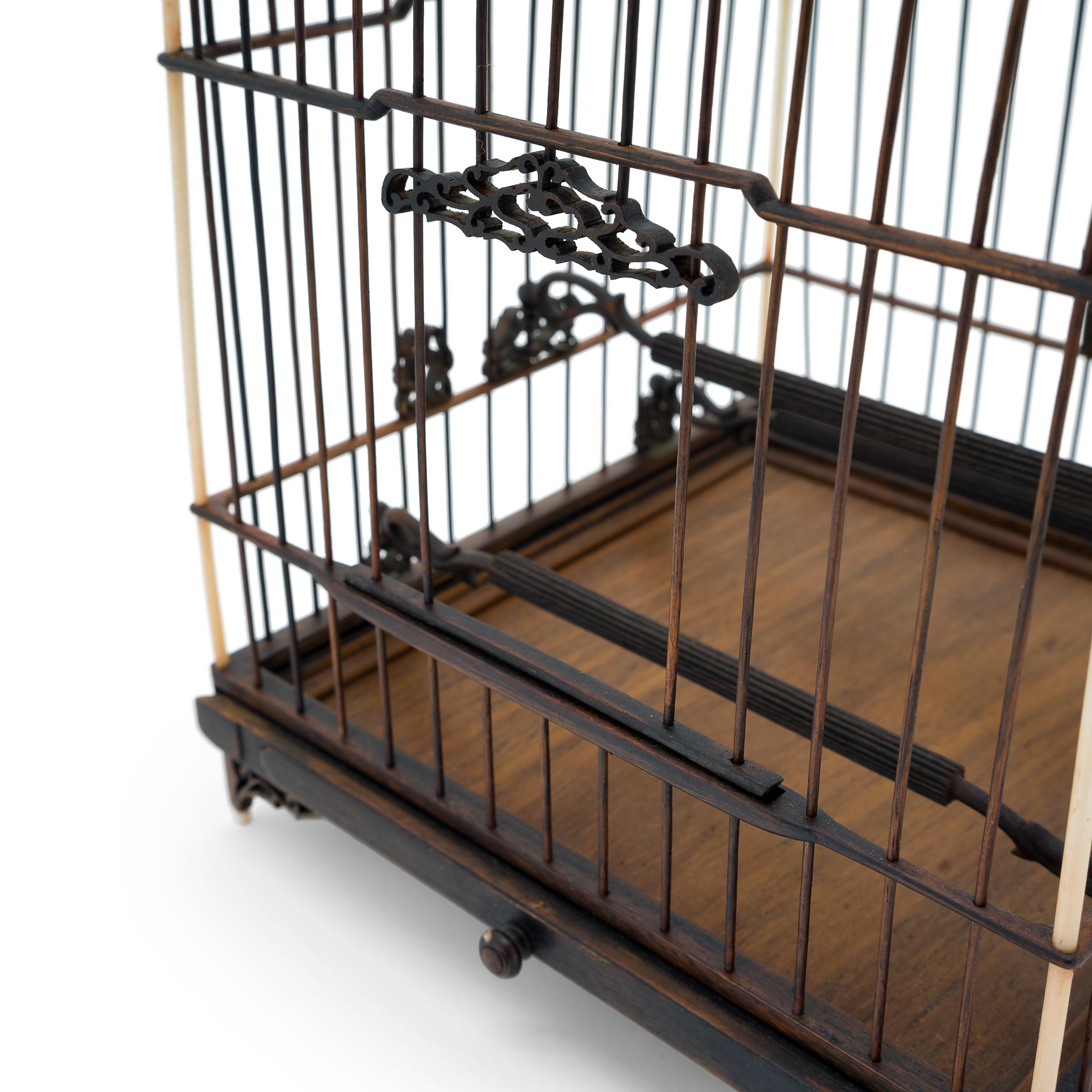 Hardwood Square Chinese Birdcage with Cloth Cover, circa  1850 In Good Condition In Chicago, IL
