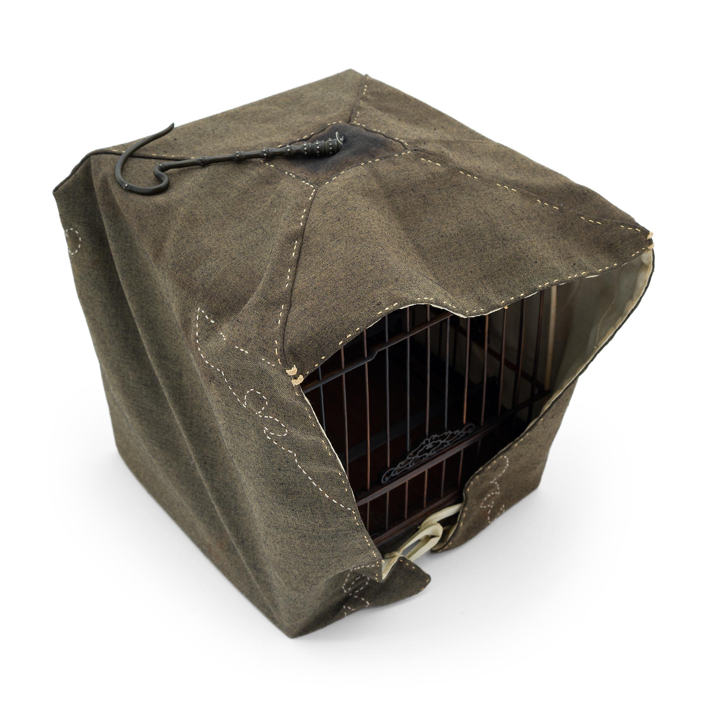 Bone Hardwood Square Chinese Birdcage with Cloth Cover, circa  1850