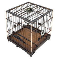 Cage à oiseaux chinois carrée en bois de feuillus avec couvercle en tissu, vers 1850