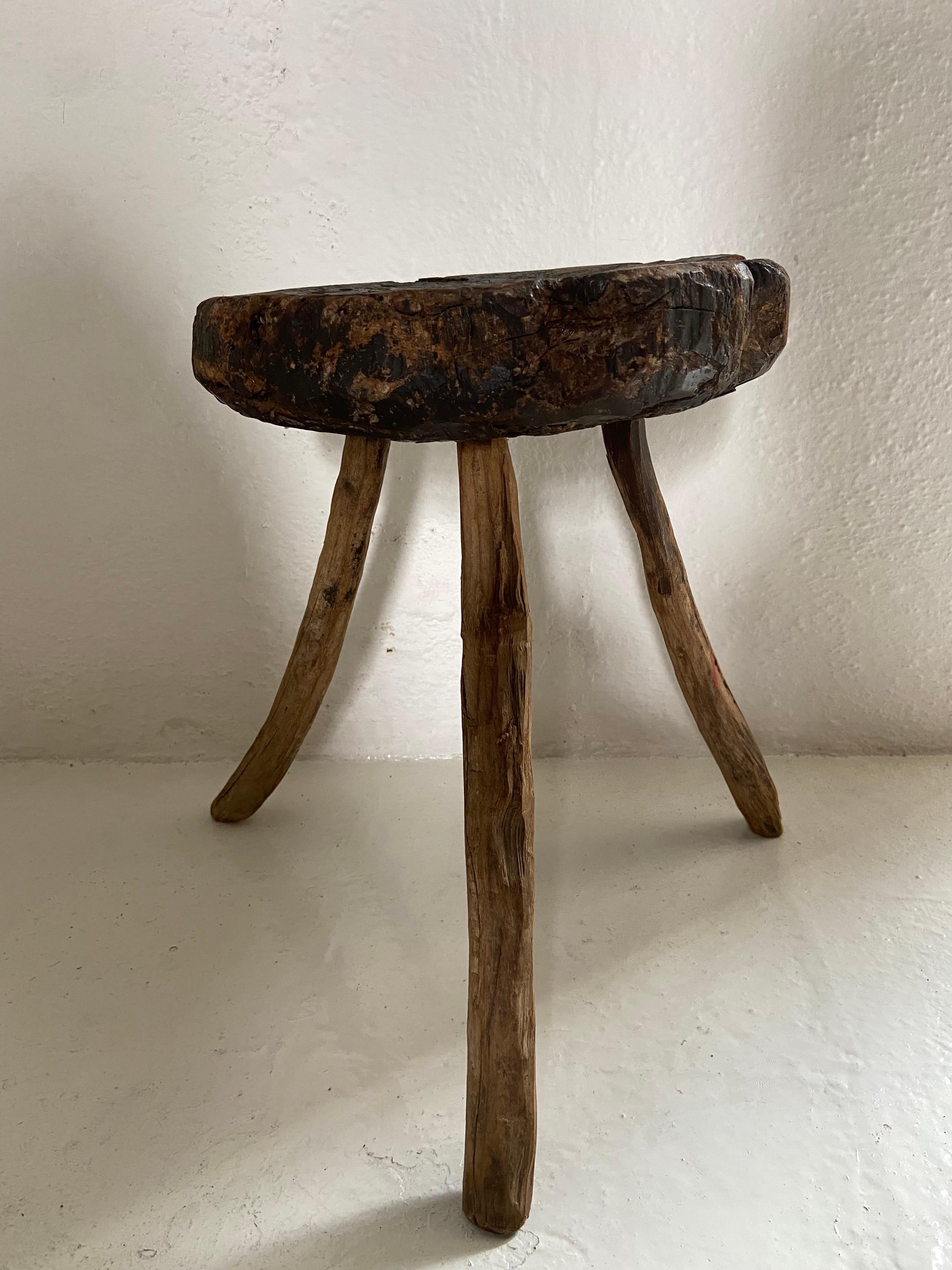 Hand-Carved Hardwood Stool From Mexico, 19th Century