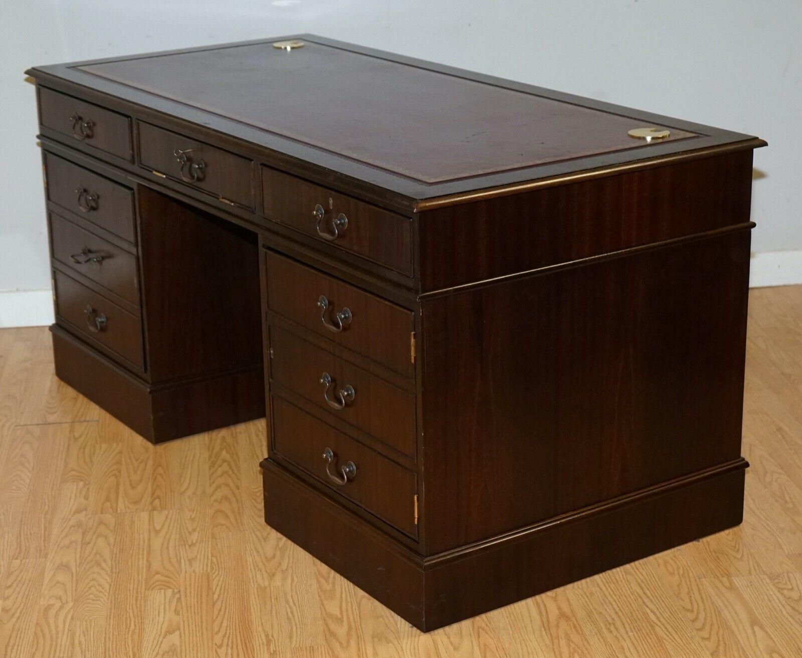 Hardwood Twin Pedestal Partner Desk Leather Top Designed to House Computer 7