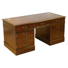 Vintage Hardwood Twin Pedestal Partner Desk Leather Top Designed to House Computer