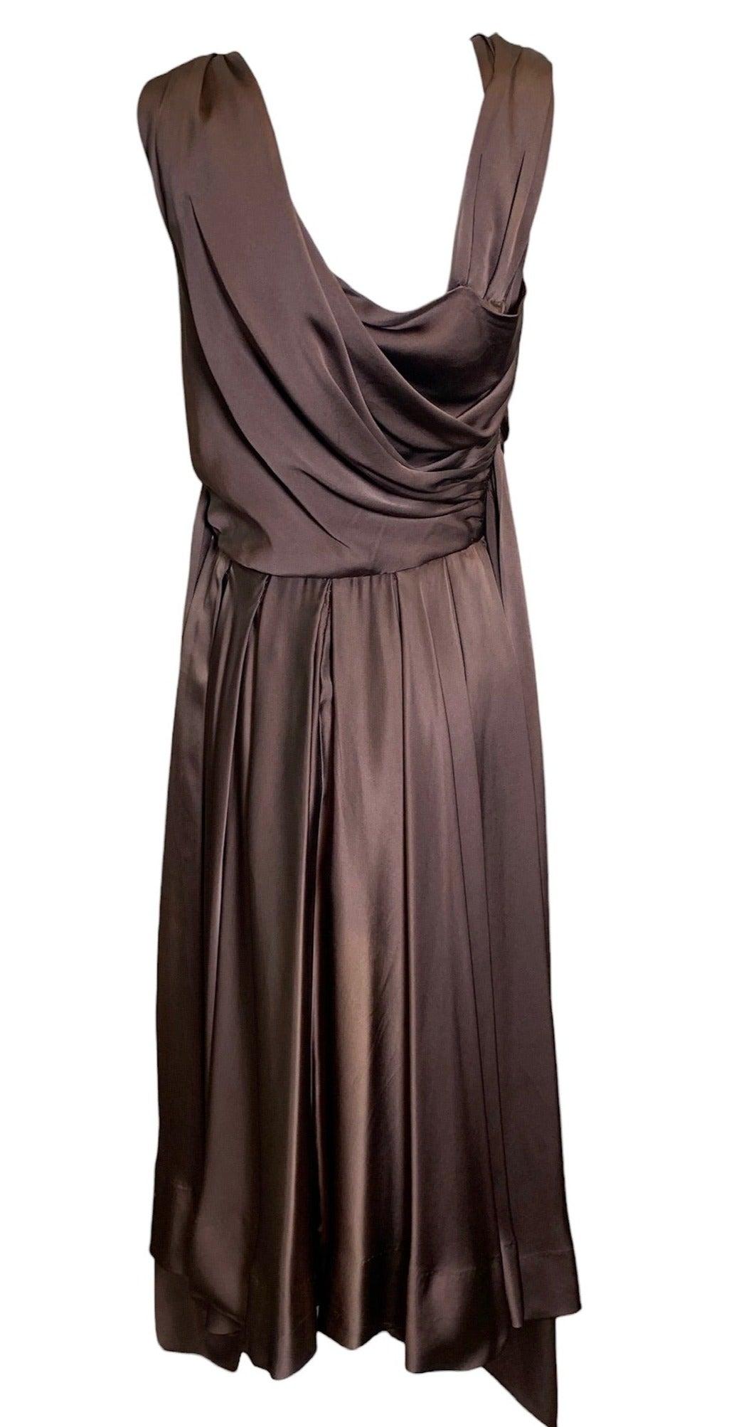 Black Hardy Amies Brown Silk Satin Goddess Cocktail Dress, 1950s For Sale