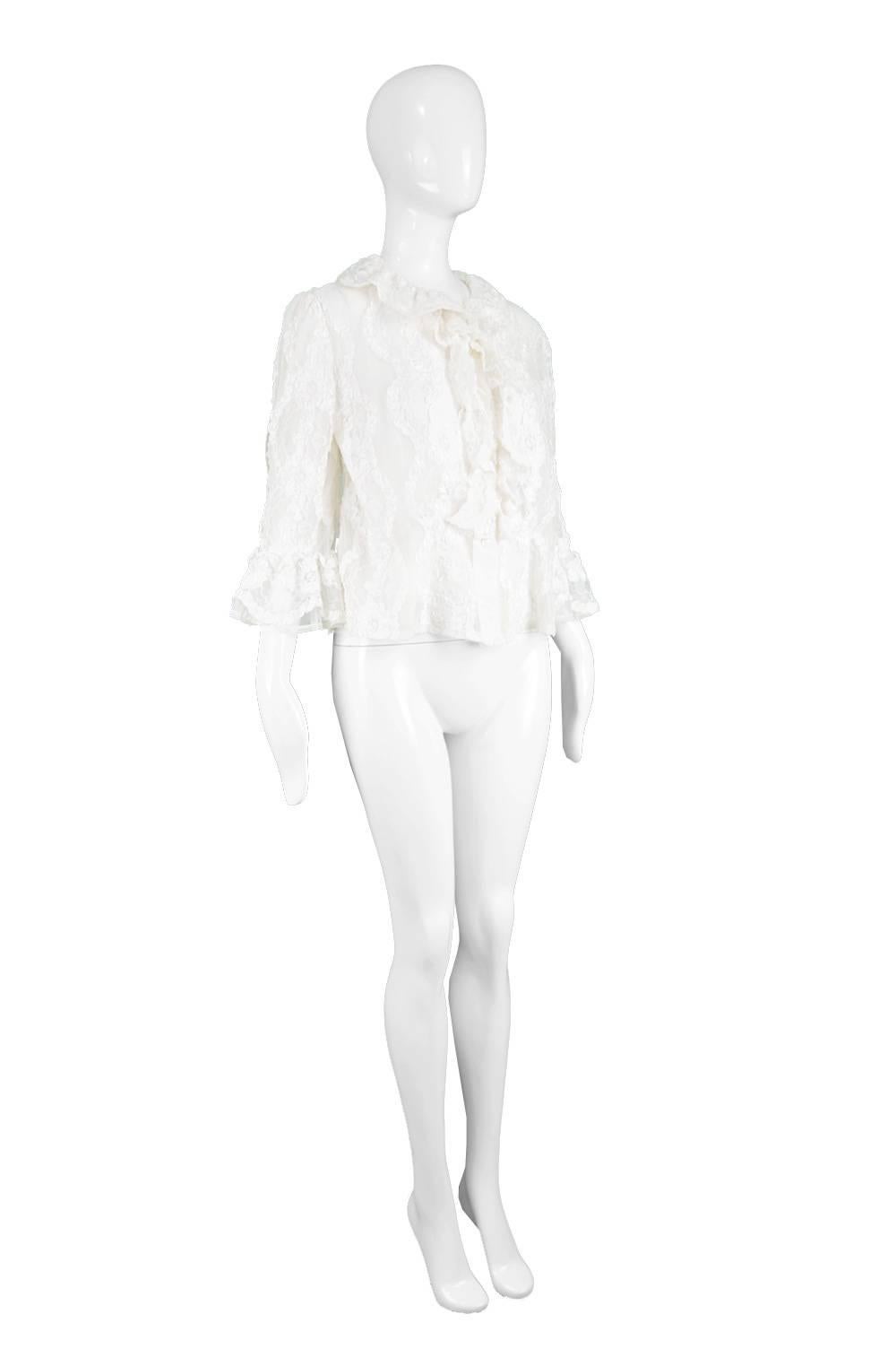 Gray Hardy Amies Couture Vintage White Chantilly Lace Ribbonwork Ruffle Shirt, 1970s For Sale