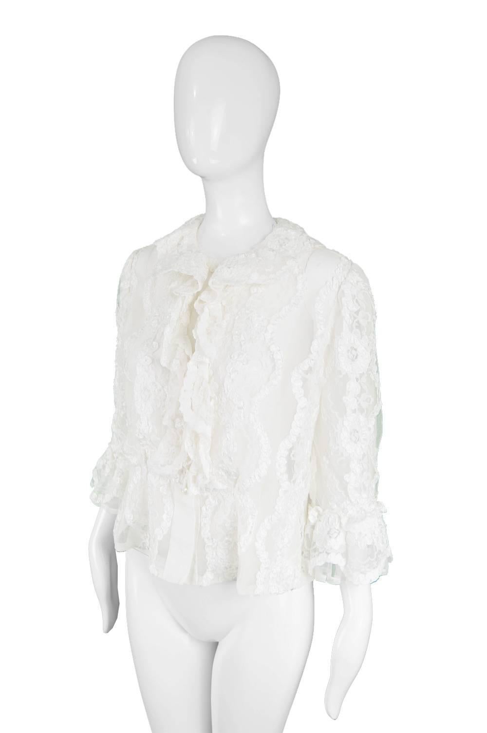 Women's Hardy Amies Couture Vintage White Chantilly Lace Ribbonwork Ruffle Shirt, 1970s For Sale
