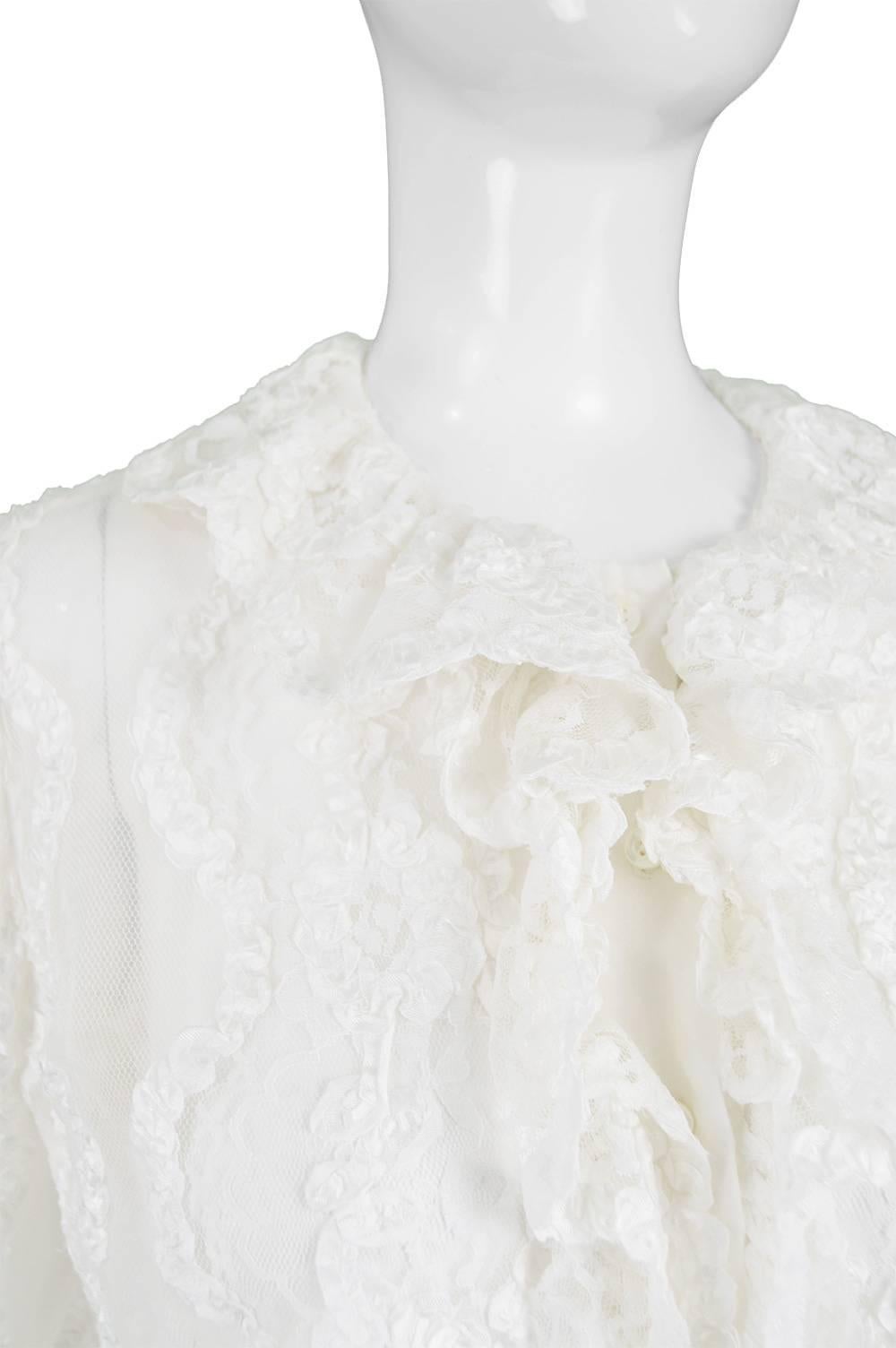 Hardy Amies Couture Vintage White Chantilly Lace Ribbonwork Ruffle Shirt, 1970s For Sale 1