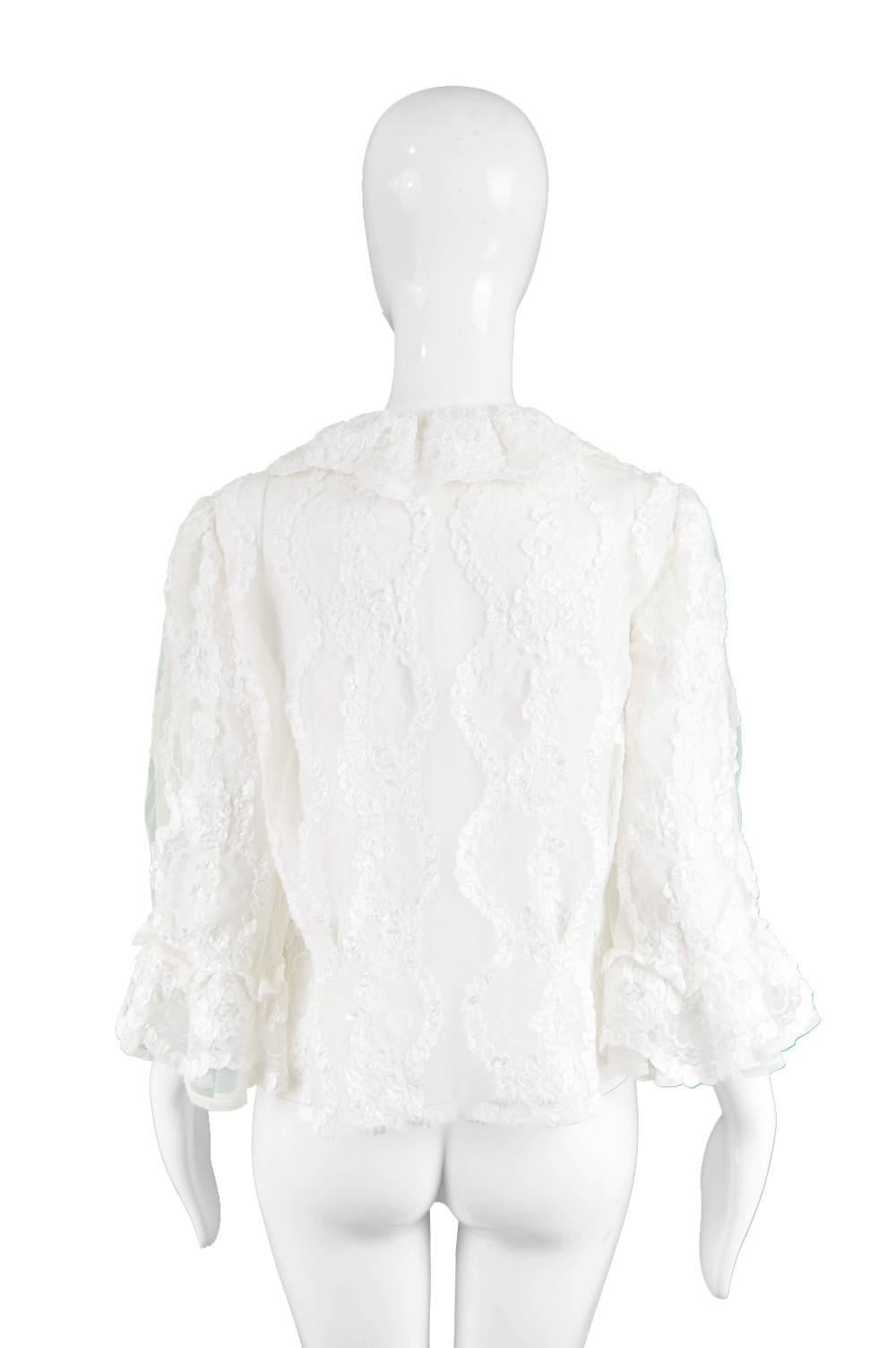 Hardy Amies Couture Vintage White Chantilly Lace Ribbonwork Ruffle Shirt, 1970s For Sale 3