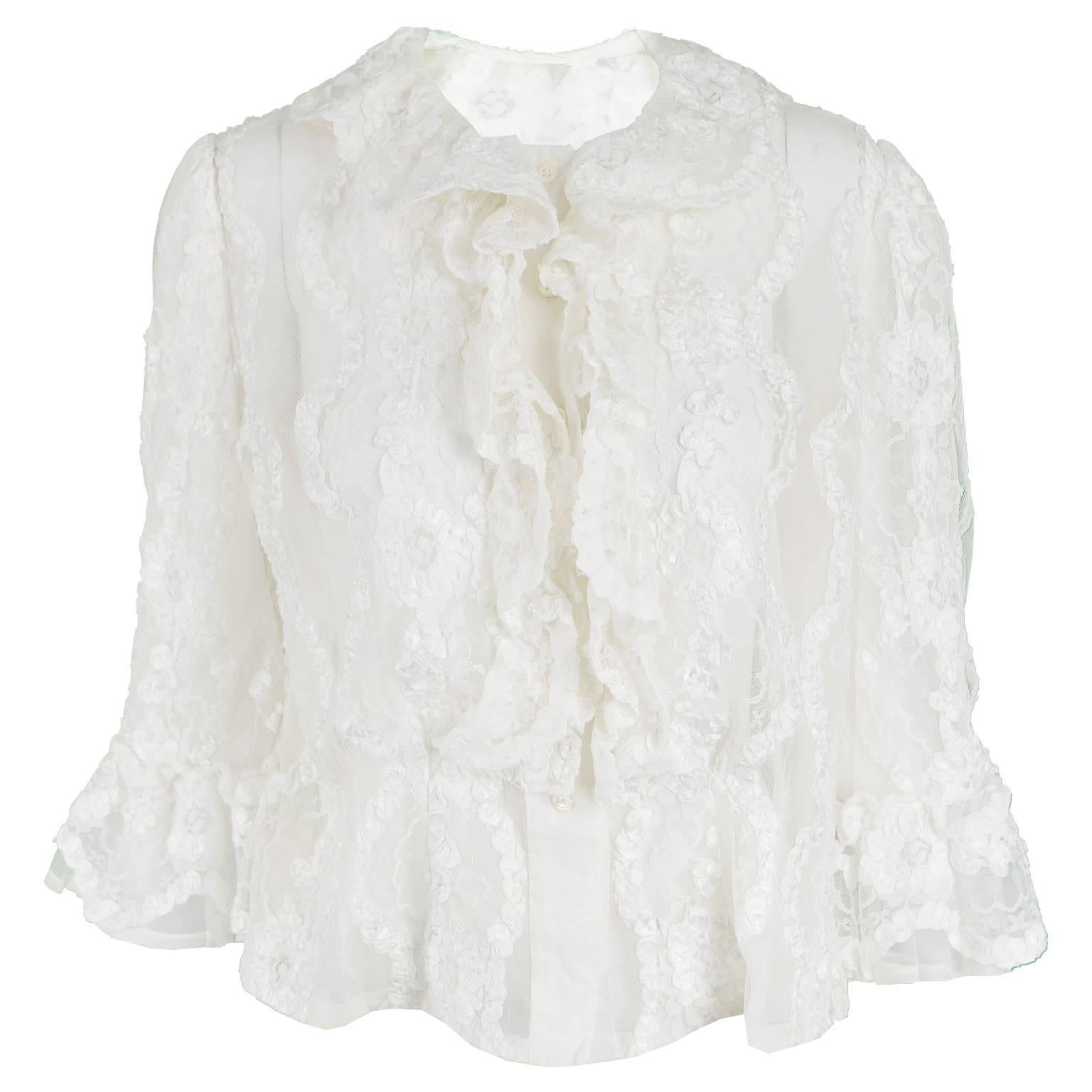 Hardy Amies Couture Vintage White Chantilly Lace Ribbonwork Ruffle Shirt, 1970s For Sale