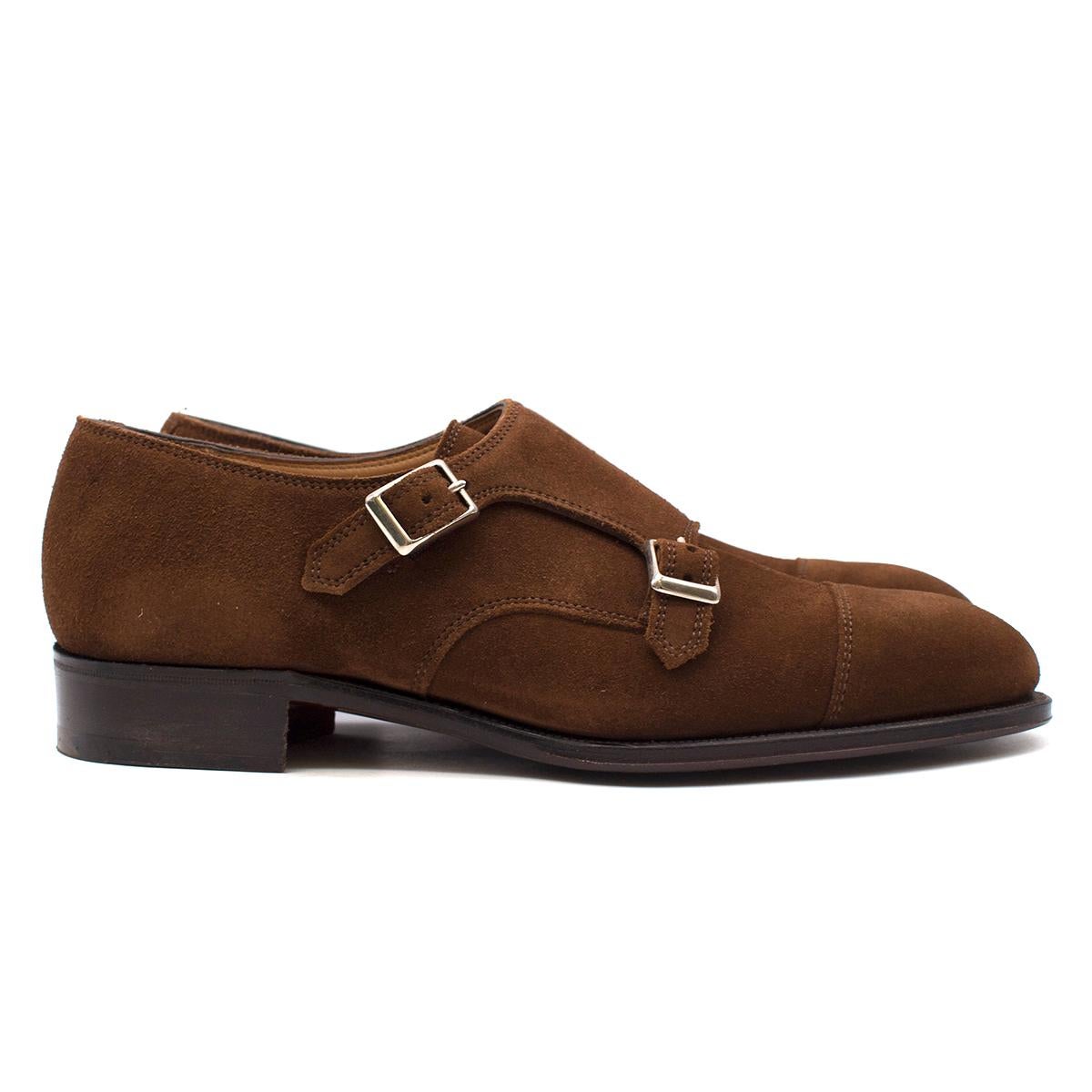 Hardy Amies London Dark Brown Suede Double Monk Shoes

- Dark brown suede monk shoes
- Double monk straps
- Smart round toe shape
- Nude leather lining with logo embroidered
- Leather soles
- Low heel
- This item comes with the original shoe