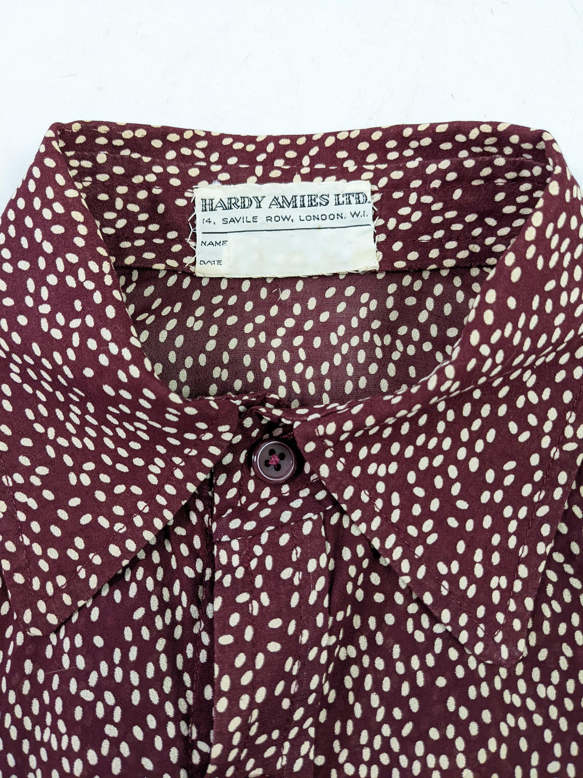 Black Hardy Amies Mens Vintage 60s Wine Red Polka Dot Mod Belted Shirt Jacket, 1960s For Sale