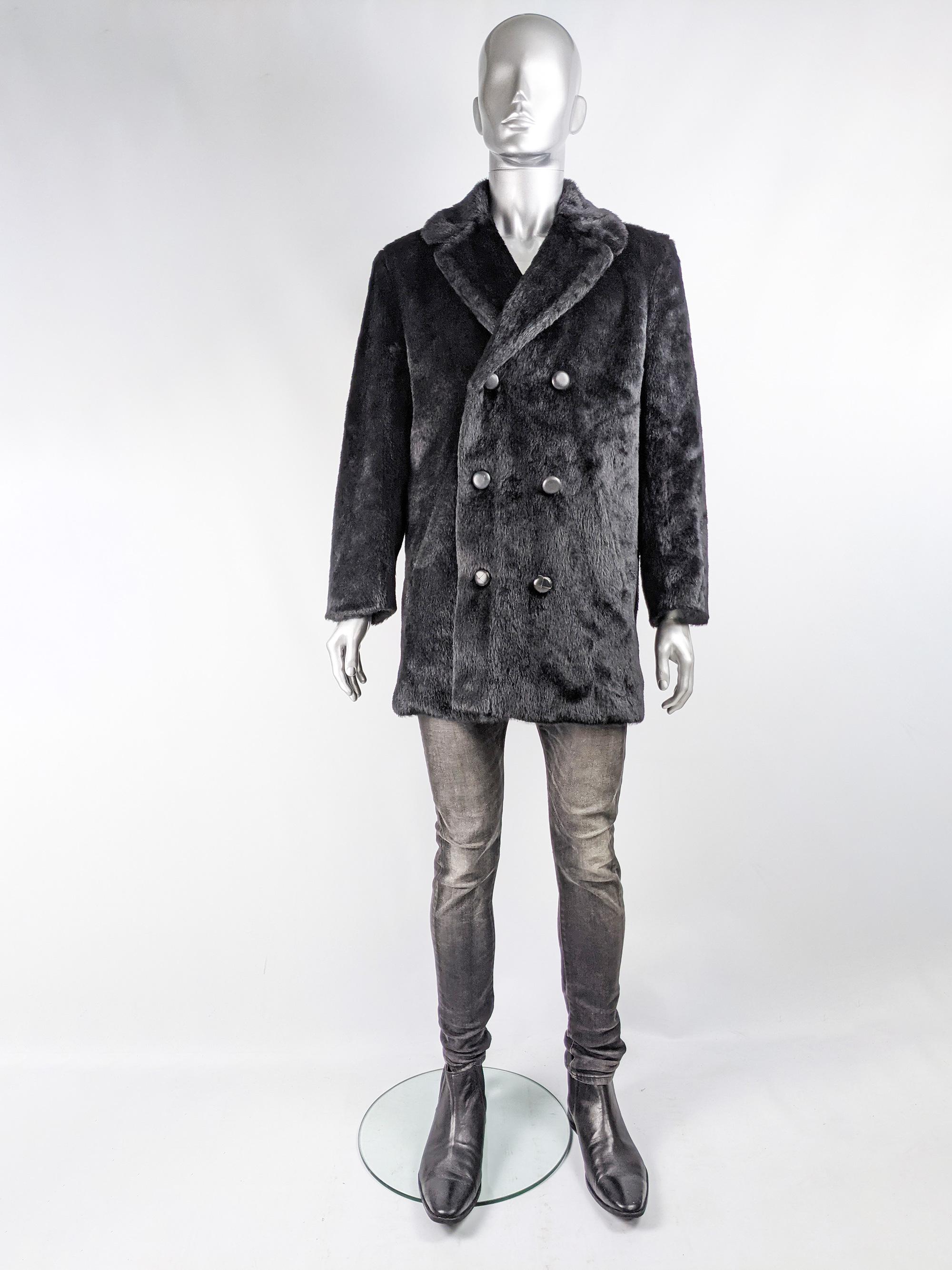An absolutely amazing and super rare vintage mens faux fur coat from the 70s by luxury British fashion designer Hardy Amies for Hepworths. In a soft, black fake fur, it is really hard to find original men's faux fur coats from the seventies, a real
