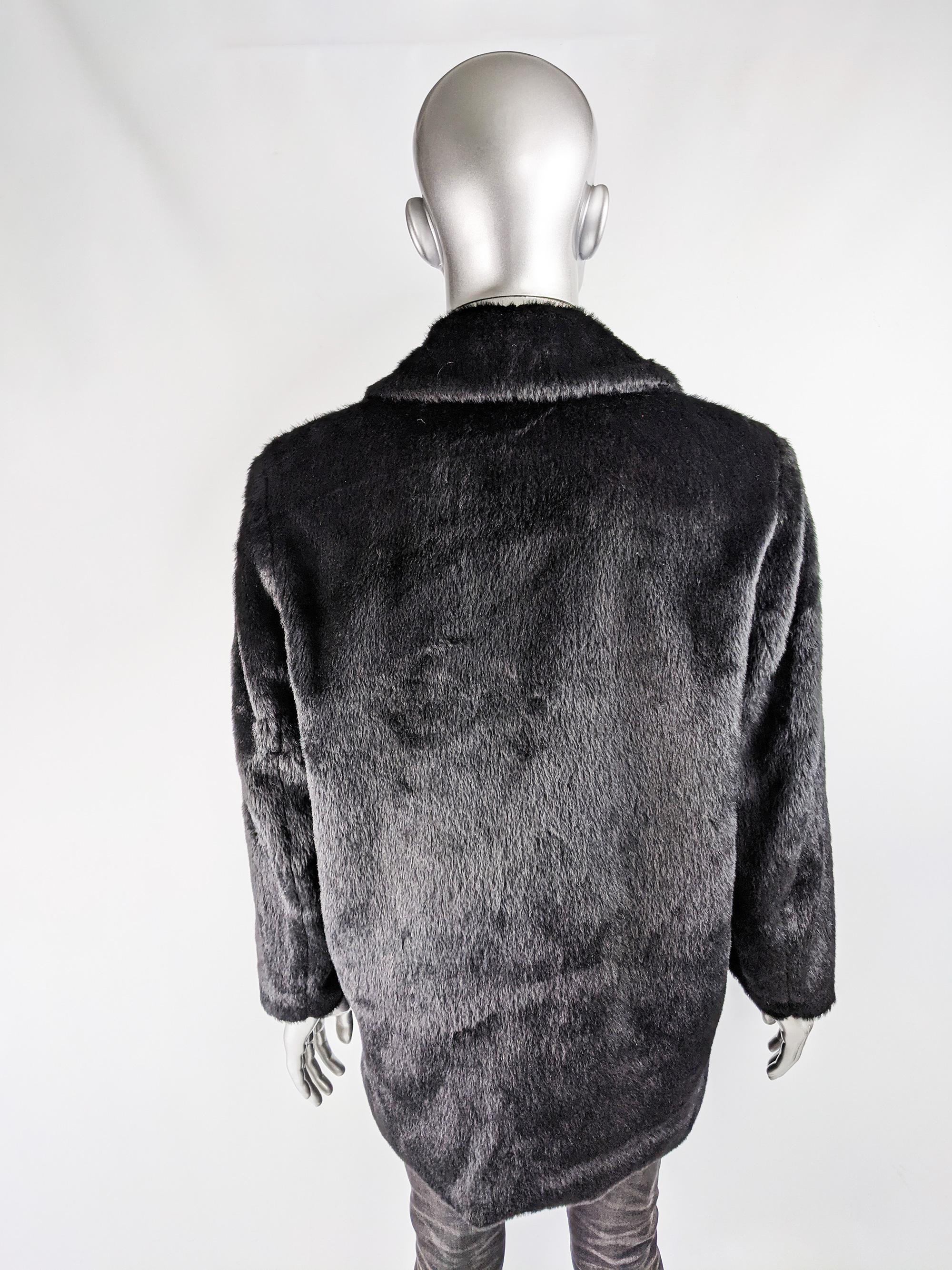 Hardy Amies Mens Vintage Black Faux Fur Coat, 1970s 1