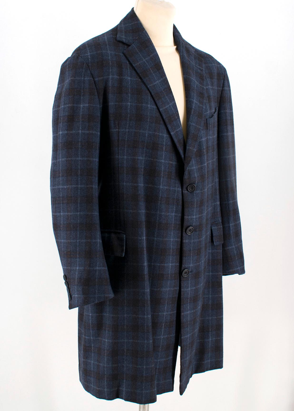 Hardy Amies Navy Blue Check Wool Men's Coat

- Made in England
- Single breasted coat
- Woven Wool
- Features two front pockets, single breast pocket (left), two interior pockets 

Please note, these items are pre-owned and may show some signs of